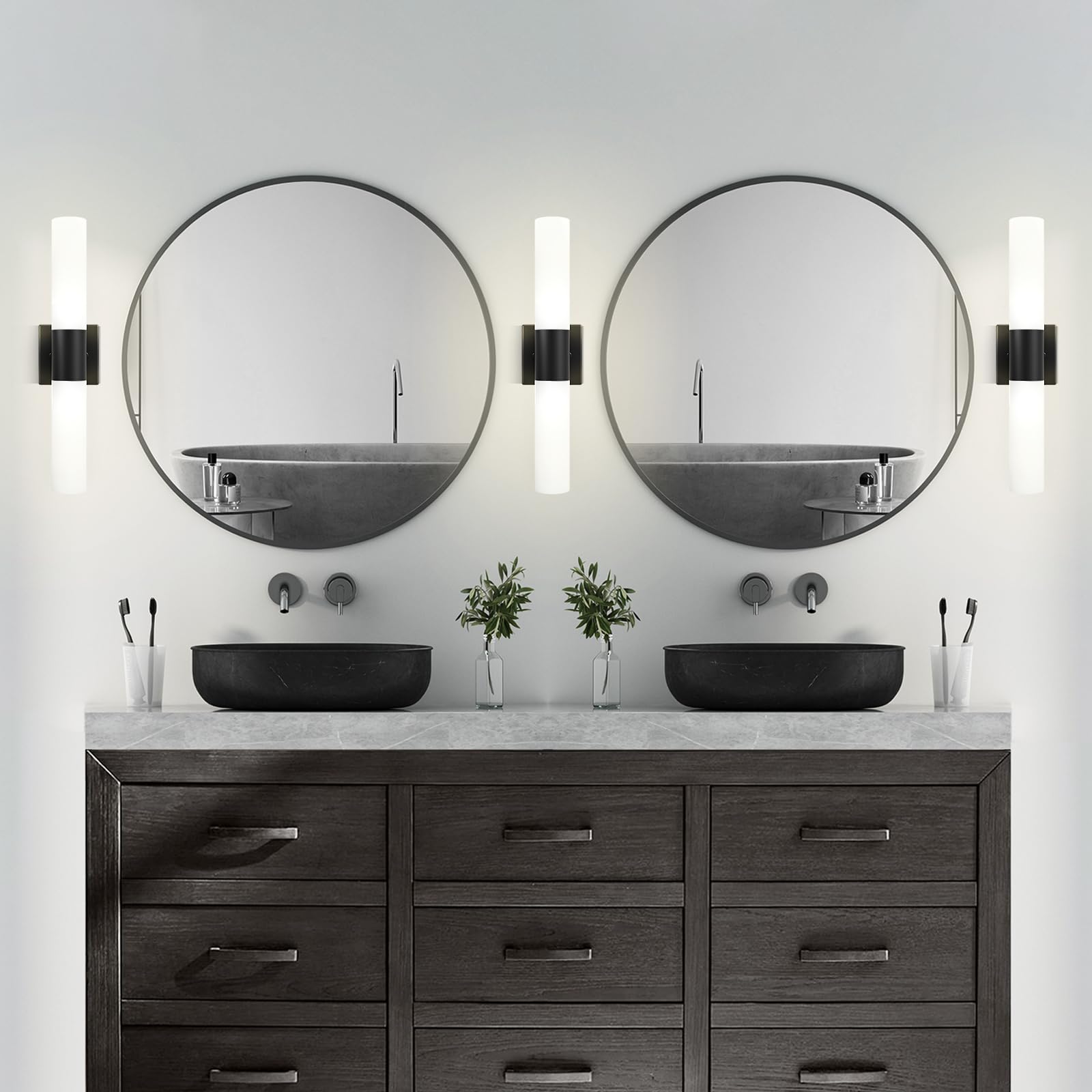 Kalium Bathroom Wall Sconces Set of Two, 21 Inch Modern Vanity Lights, Frosted Glass Shade, Black, Model WL052A-MK