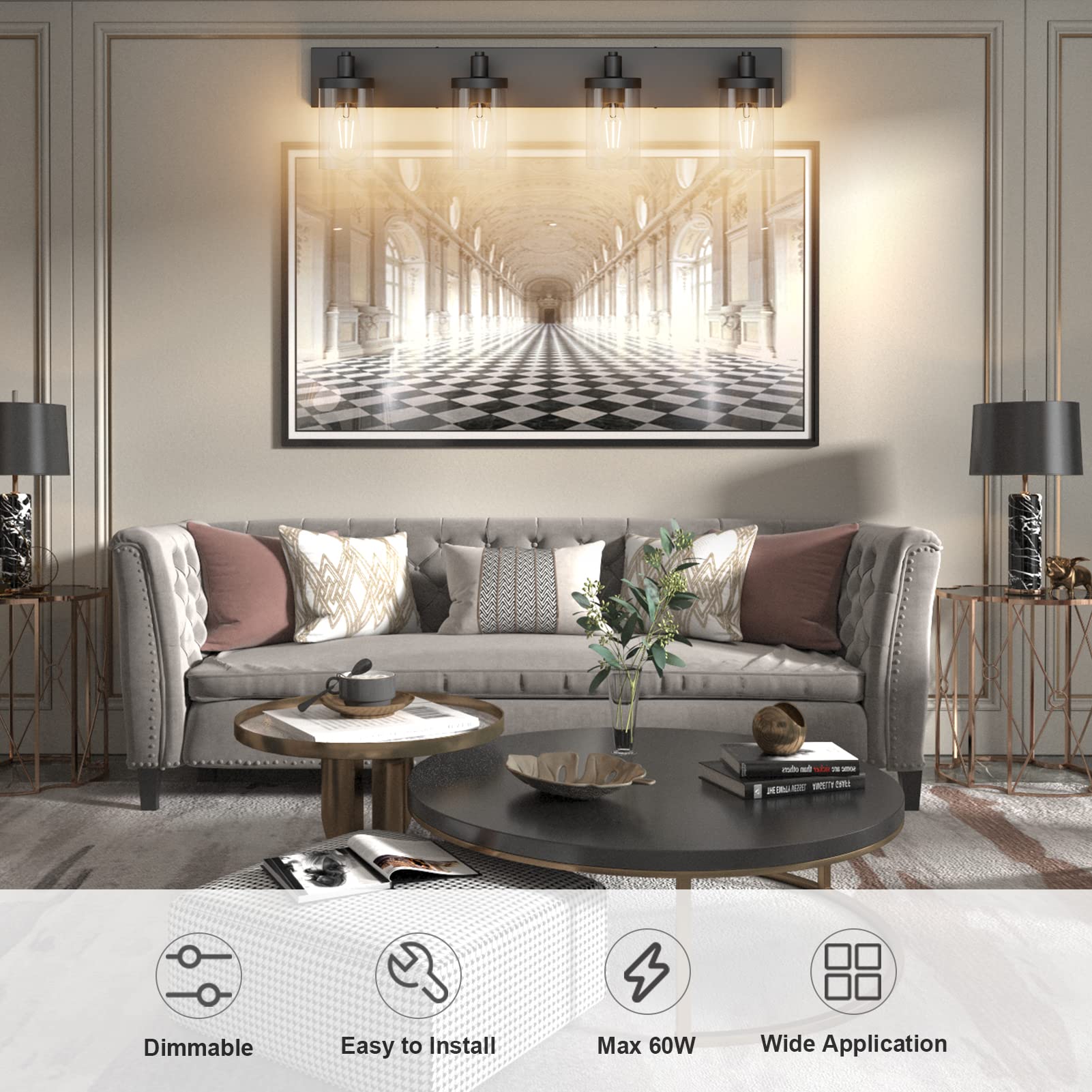 Aipsun Bathroom Vanity Light Farmhouse 4 Light Matte Black Vanity Lighting Fixtures With Clear Glass Shade(Exclude Bulb)