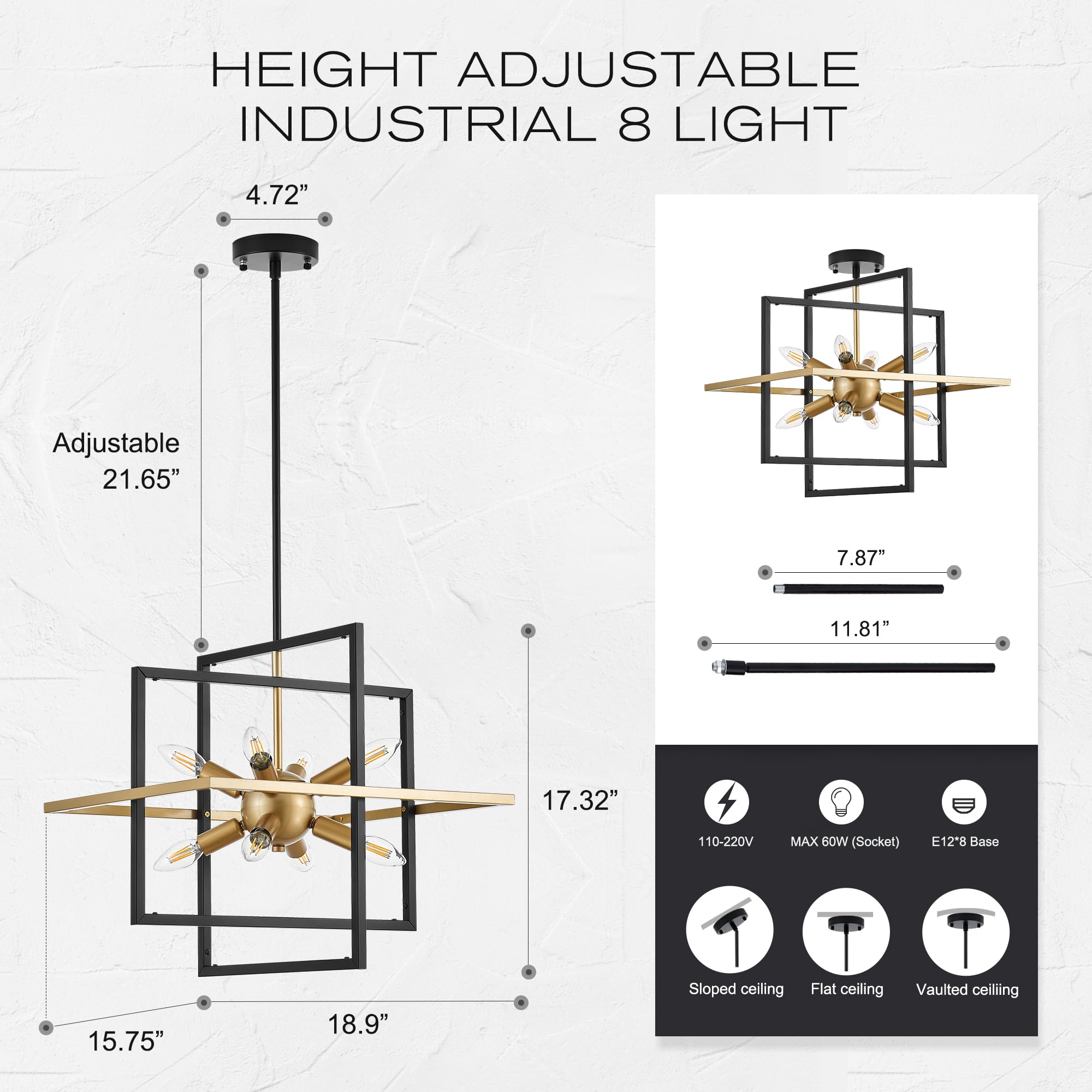 TACDANDM 8-Light Sputnik Chandelier, 18.9" Black Gold Metal Pendant Light for Entryway, Foyer, Living Room, Kitchen Island