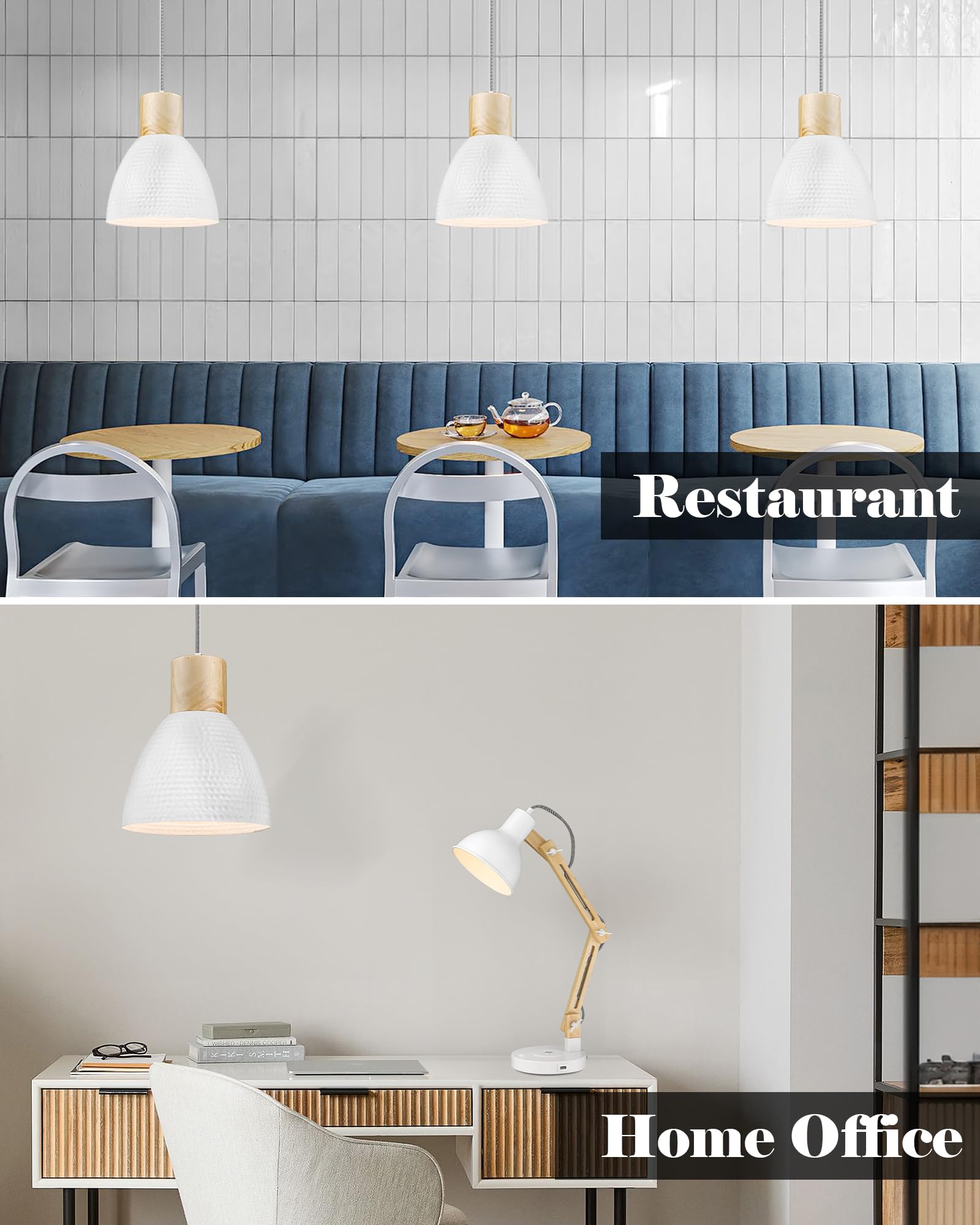 Elyona 3 Pack White Hammered Pendant Lights - Nordic Solid Wood Fixtures For Kitchen & Dining