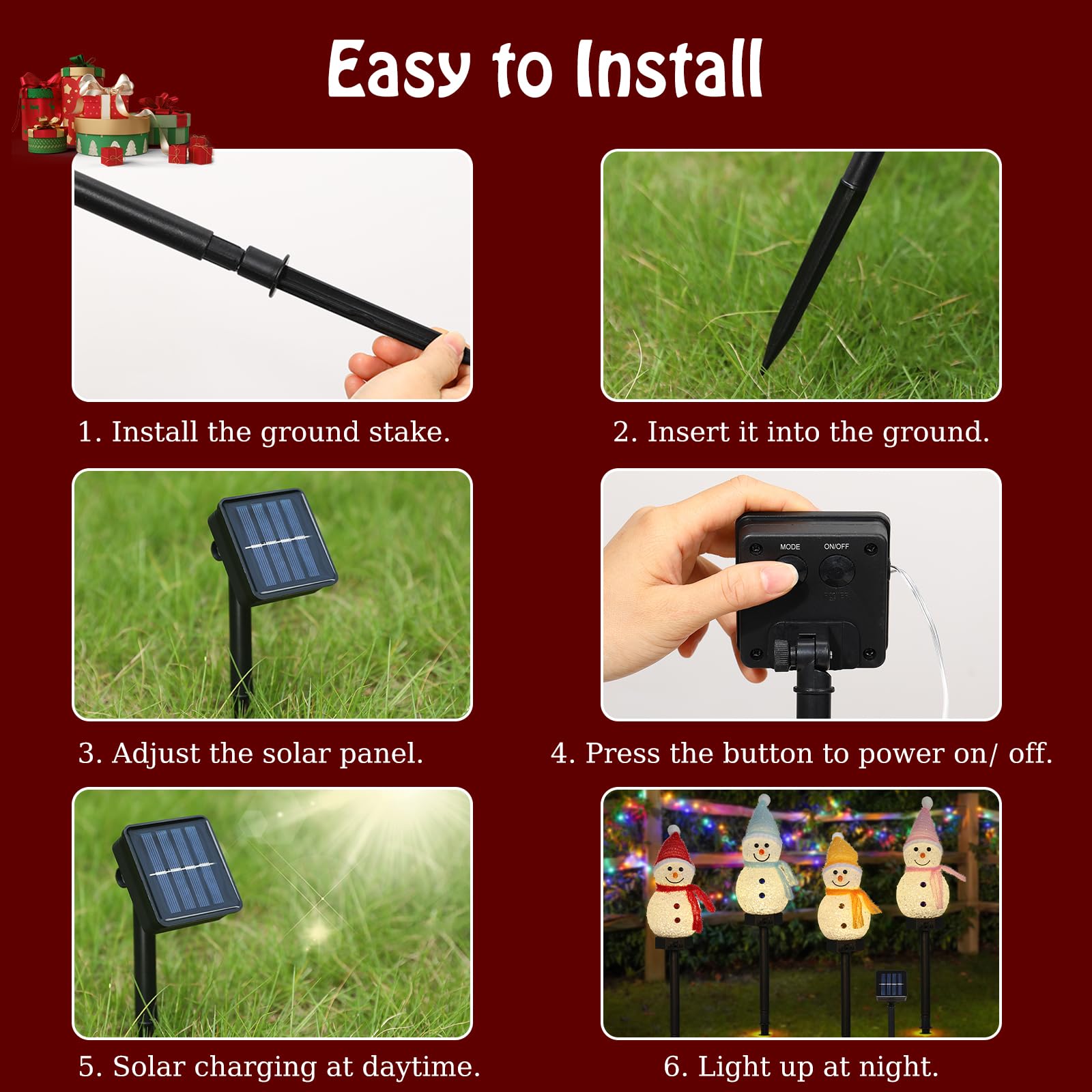 Lewondr Snowman Christmas Decorations Lights, 4Pcs Solar Lighted Snowman With Garden Stakes, Waterproof Garden Lawn Pathway With