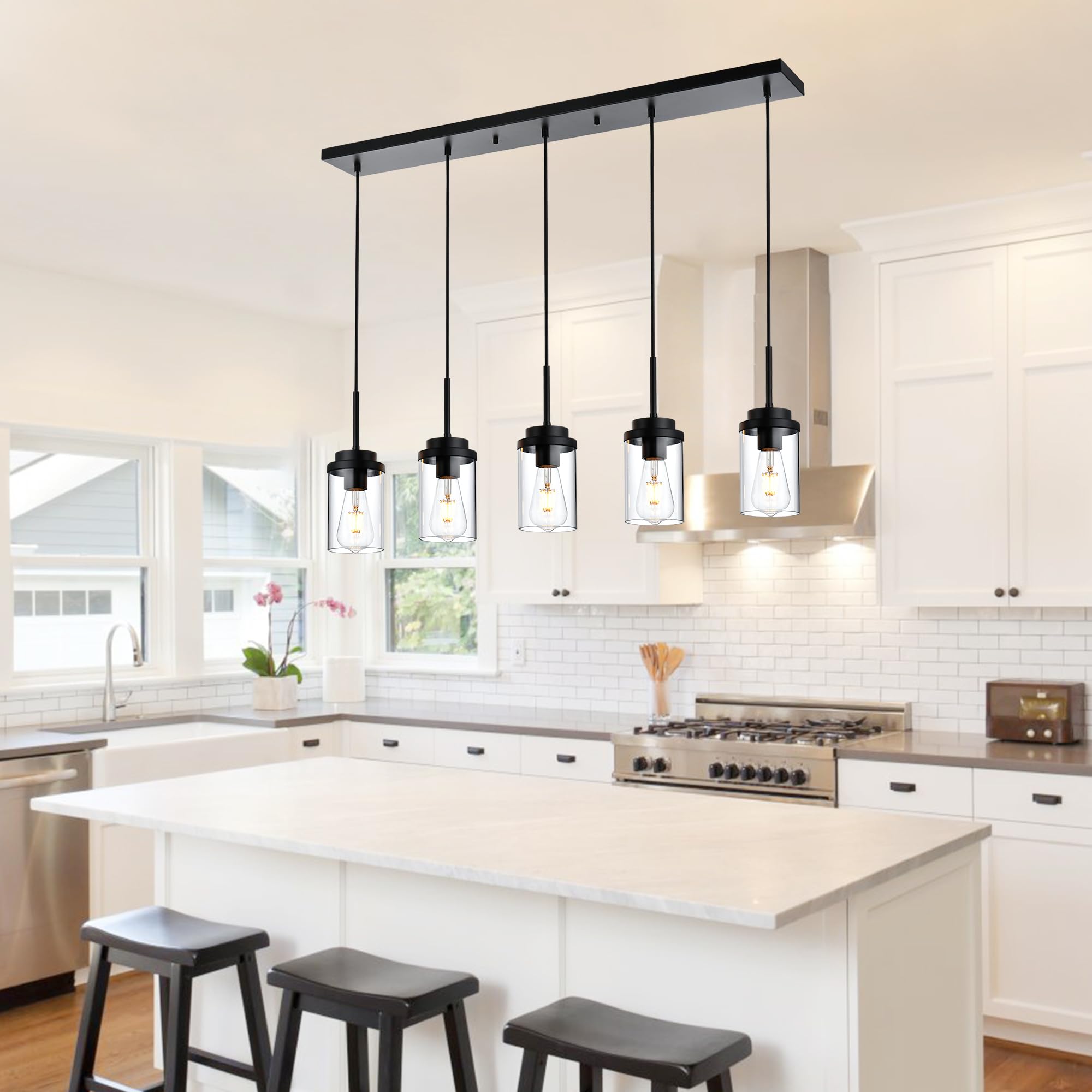 MELUCEE 5 Lights Kitchen Island Lighting - Modern Black Linear Chandelier with Clear Glass Shades, 40.1 Inches Length