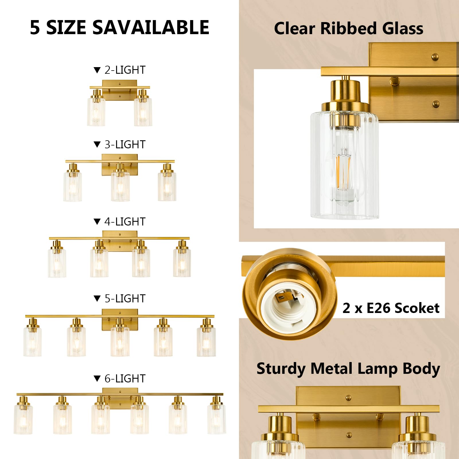 Jonsi Gold Bathroom Light Fixtures, 2 Light Brushed Gold Bathroom Vanity Lights With Fluted Glass Shade, Modern Gold Bathroom Lights Over Mirror, Vanity Lighting Fixtures, X003W-2Agb