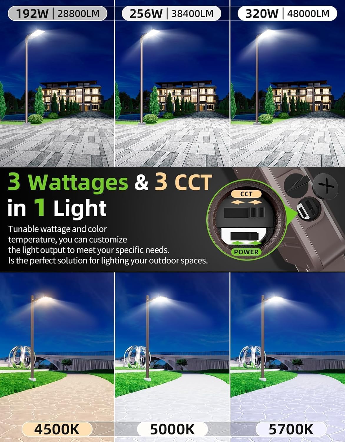 Openlux Led Parking Lot Light 320W 256W 192W Adjustable 4500K 5000K 5700K Tunable Up To 48000Lm Photocell Led Shoebox Pole Light
