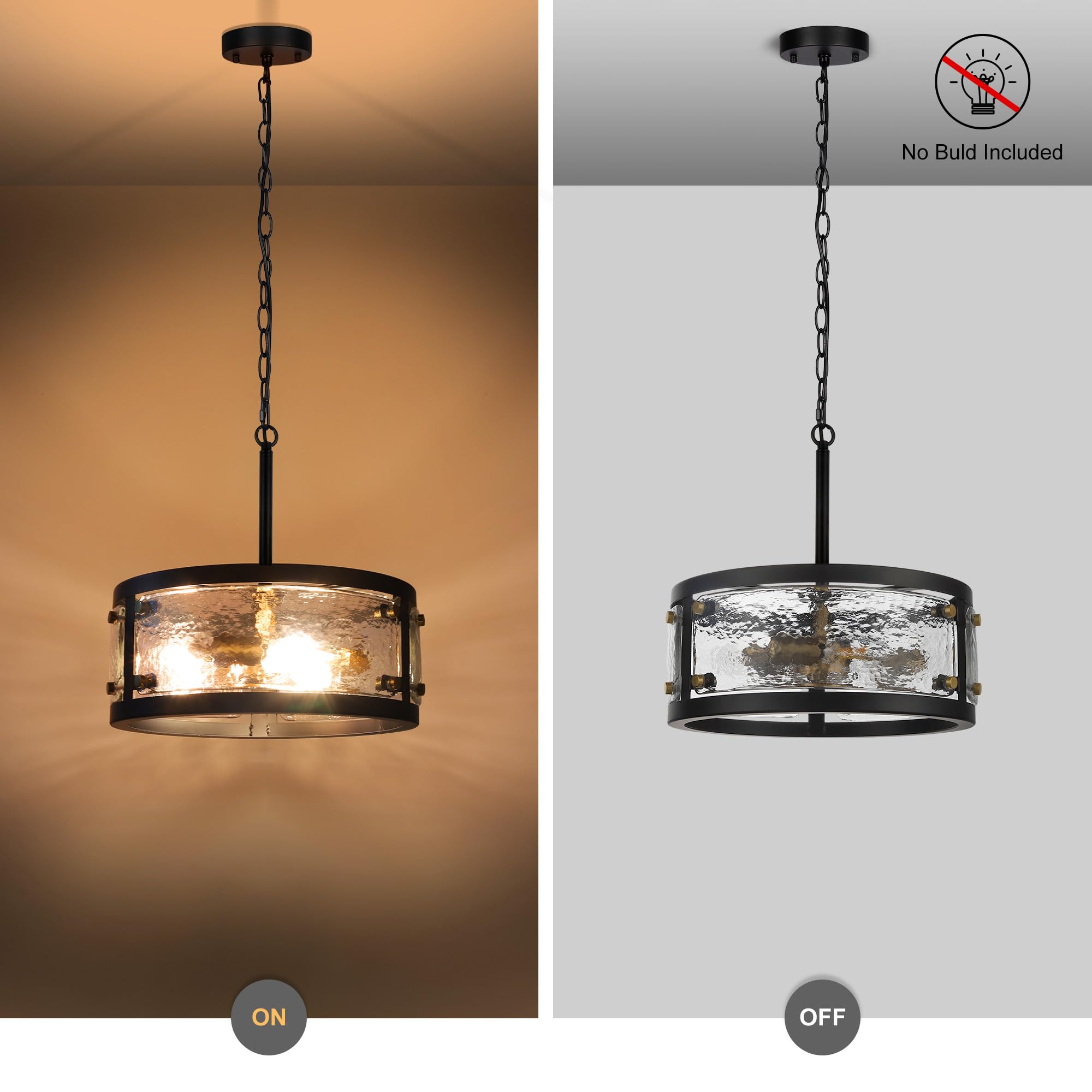 Cnratye 13'' Industrial Drum Glass Chandelier, 3-Light Rustic Hanging Pendant Lights, Metal Round Lighting Fixture For Dining Ro