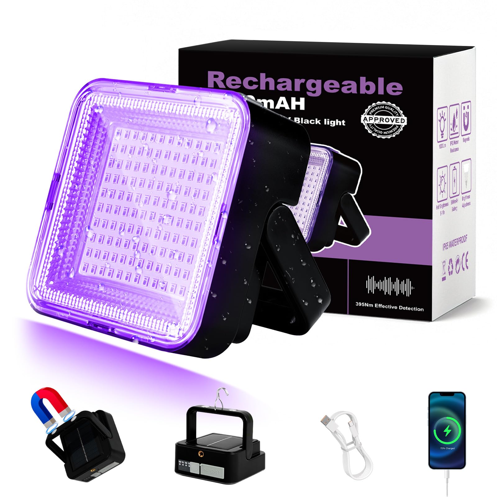 LED Black Ligh,Rechargeable 5000mAh 120 UV led, IP65 Waterproof & Magnetic, Long Runtime Ultraviolet Light for Neon Glow Party,