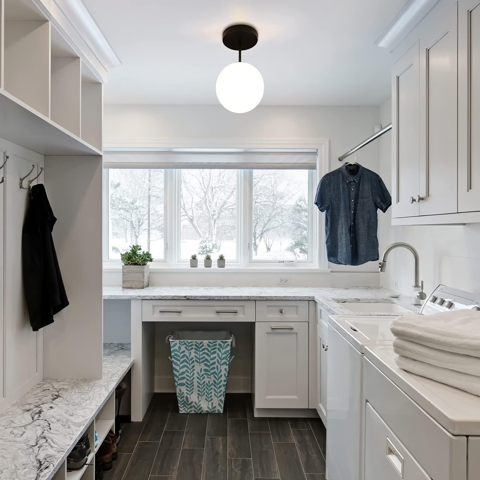 Globe Semi Flush Mount Ceiling Light, Mid Century Modern Light Fixture Ceiling, Milk Glass With Matte Black Finish, Living Room