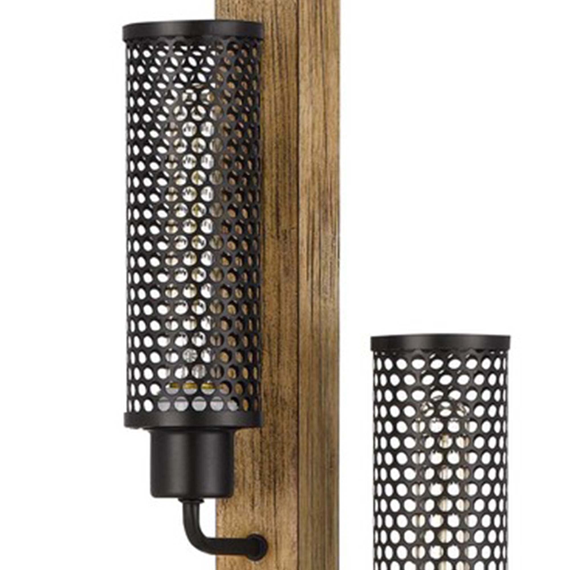 Benzara Wooden Floor Lamp with 3 Metal Mesh Shades, 61x11x23.54 inches, Brown and Black, Model BM241796