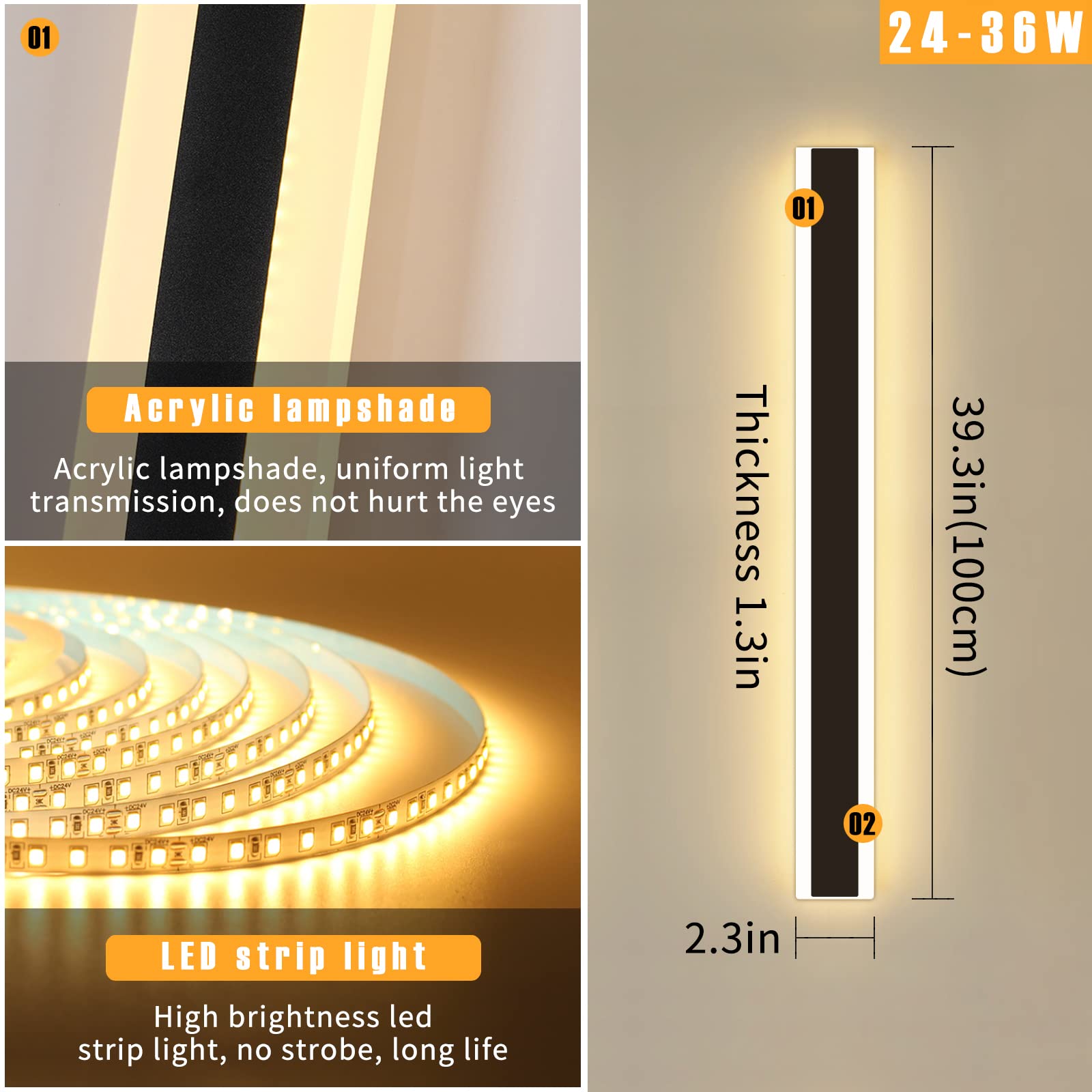 Modern 39Inch Outdoor Wall Light, 3000K Black Acrylic Exterior Lighting Fixtures Wall Mount, Ip65 Waterproof Modern Porch Lights