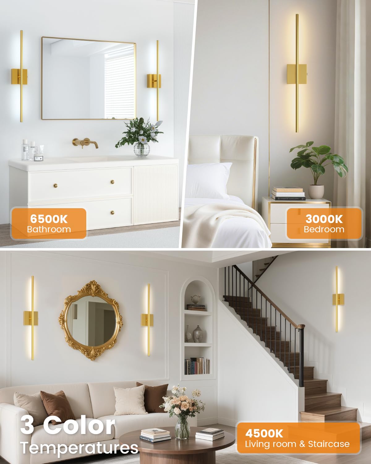 VOLISUN Battery Operated Wall Sconce Set of Two, Gold Rechargeable Wall Lights with Remote Control, 3000K-6500K Dimmable Wall La