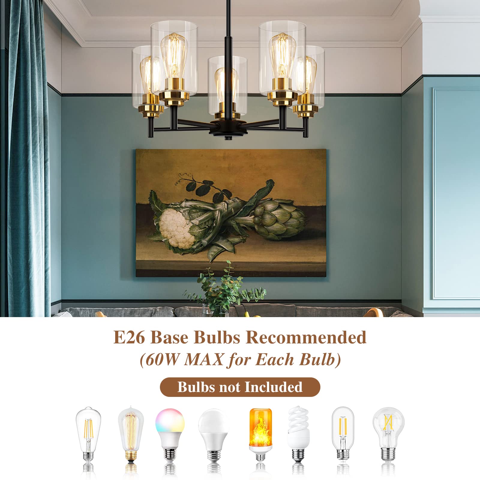 Sucolite 5-Light Black & Gold Chandelier - Modern Farmhouse Pendant Lighting For Dining Room