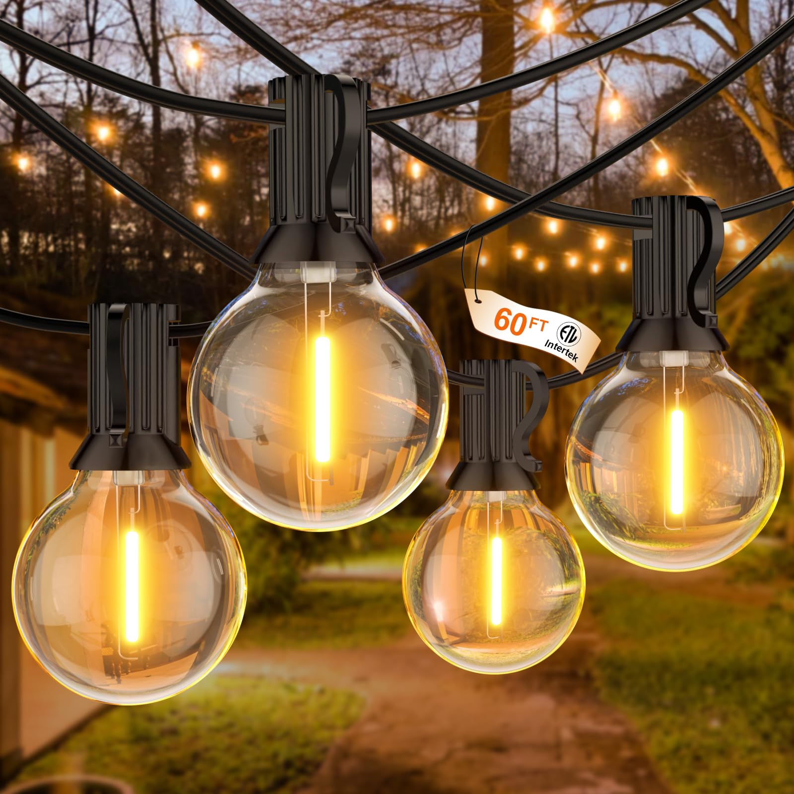 GLUROO Outdoor String Lights, 60FT LED Patio Lights, 32 Bulbs, Waterproof, 2700K Warm White, G40-Black, Model O301