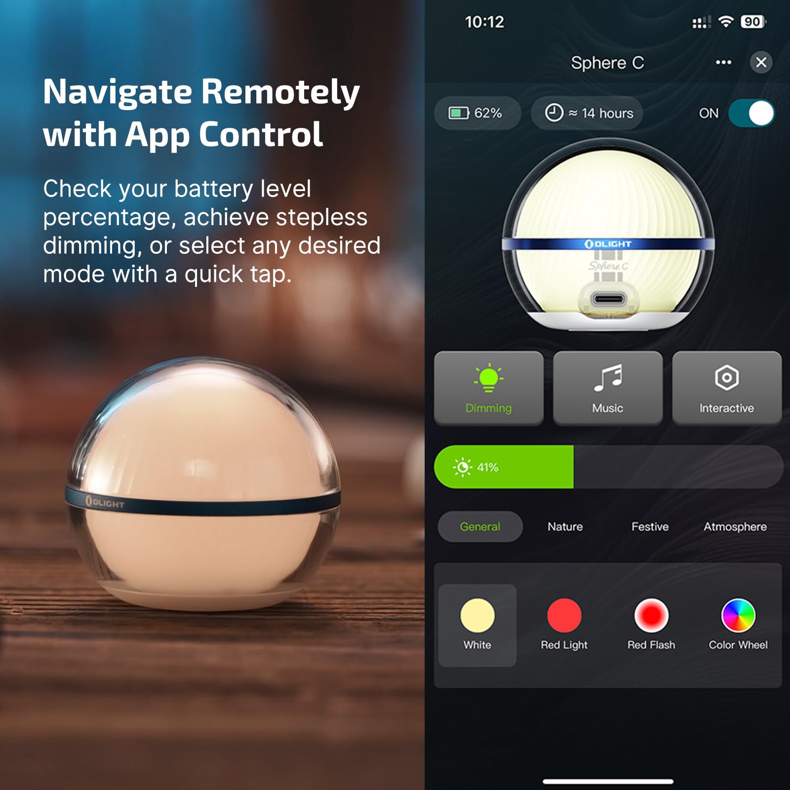 OLIGHT Sphere C Smart Night Light, USB-C Rechargeable, Ambient Table Lamp with APP Control, 75 Lumens RGB Dimmable Bedside lamp,