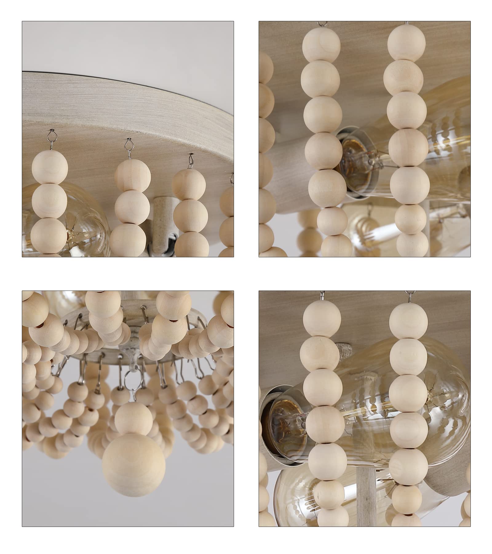 Q&S Boho Chandelier Wood Beaded Flush Mount Ceiling Light Fixtures For Nursery Baby Bedroom Kitchen Hallway,Oak White Finish,2-L