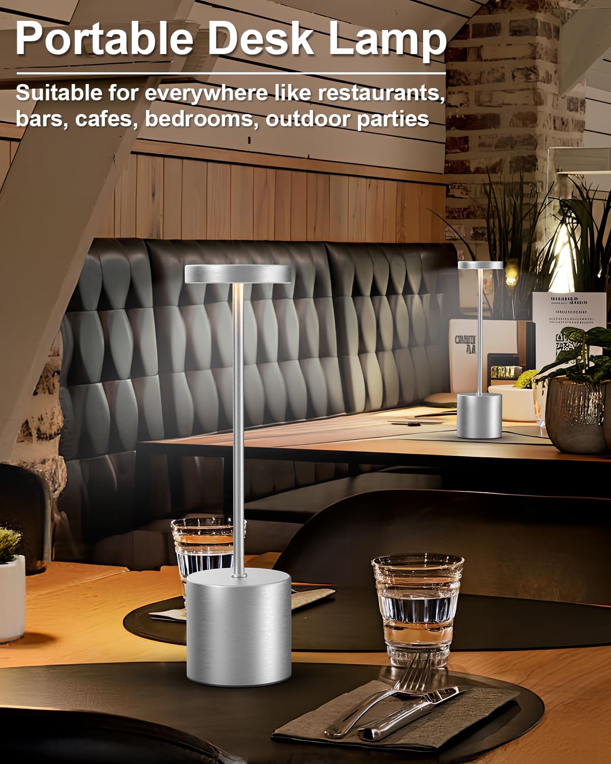 Swinerton Cordless Table Lamp Set Of 2, Rechargeable 5000Mah Battery Powered Outdoor Table Lamps(Silver)