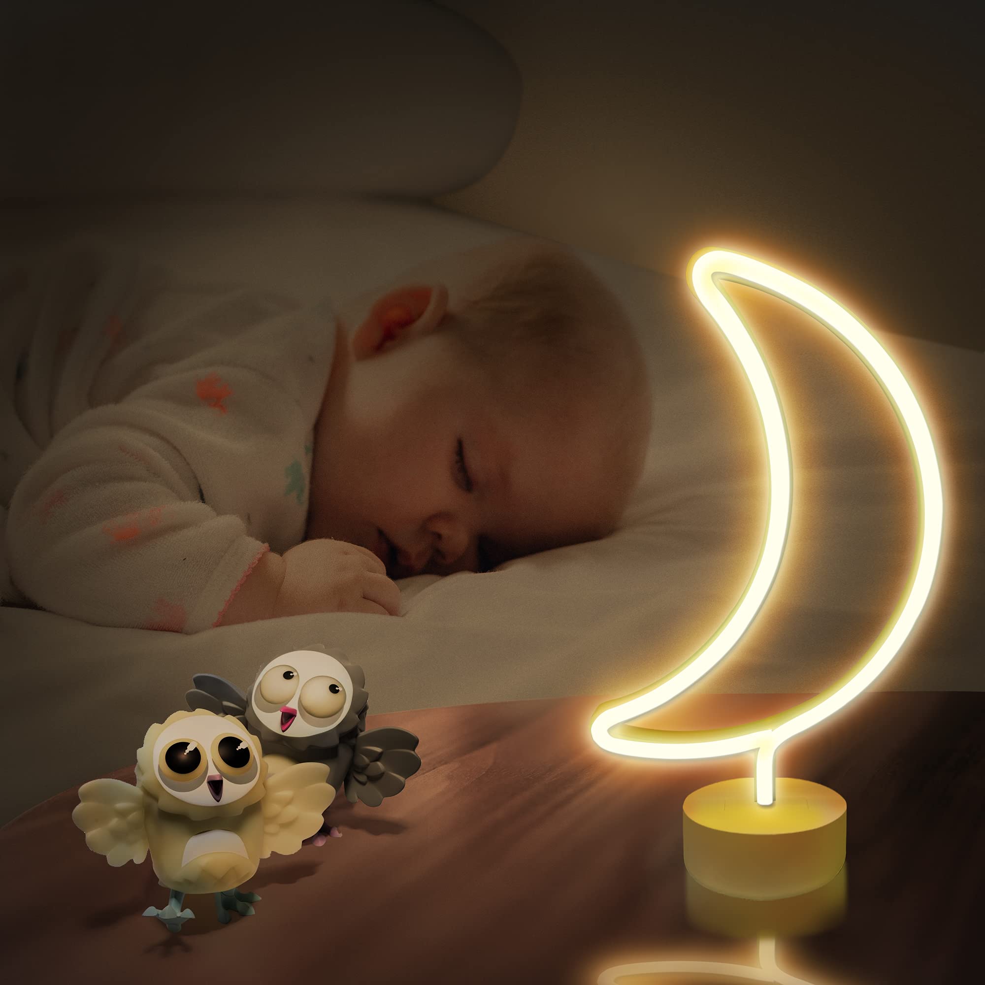 Lumoonosity Moon Neon Sign - Battery/Usb Powered Half-Moon Neon Light For Bedroom, Desk, Table Decorations - Warm White Cute Led