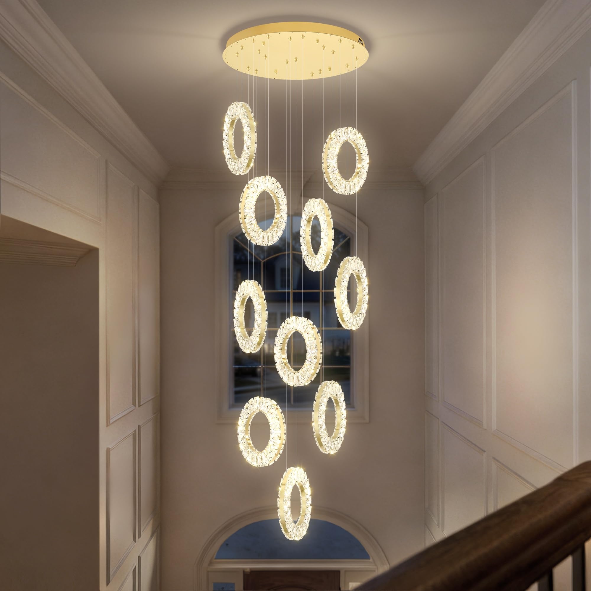 ykolupty 10-Lights Foyer Chandelier Modern LED High Ceiling Light Modern Round Chandelier Crystal Pendant Light for Living Room Staircaes Entryway Gold