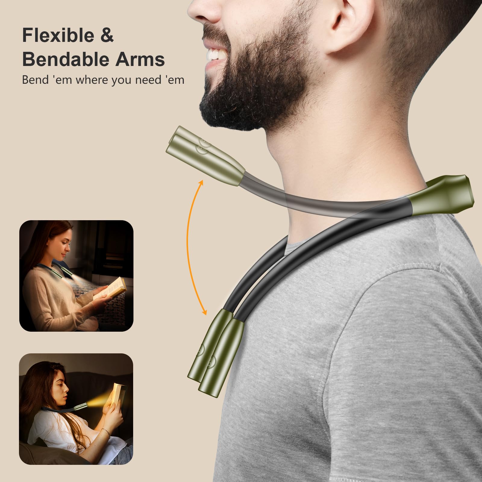 Gritin LED Neck Reading Light - Dimmable, 3 Colors, 80+ Hrs Runtime, Lightweight for Crafting, Deep Green, Model G1337
