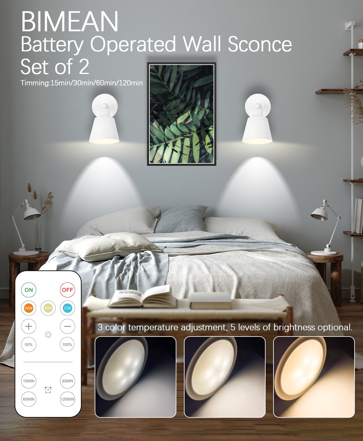 Bimean White Battery Operated Wall Sconce Set Of 3, Easy To Install Wireless Lights For Wall, Remote Control Dimmable Led Lights