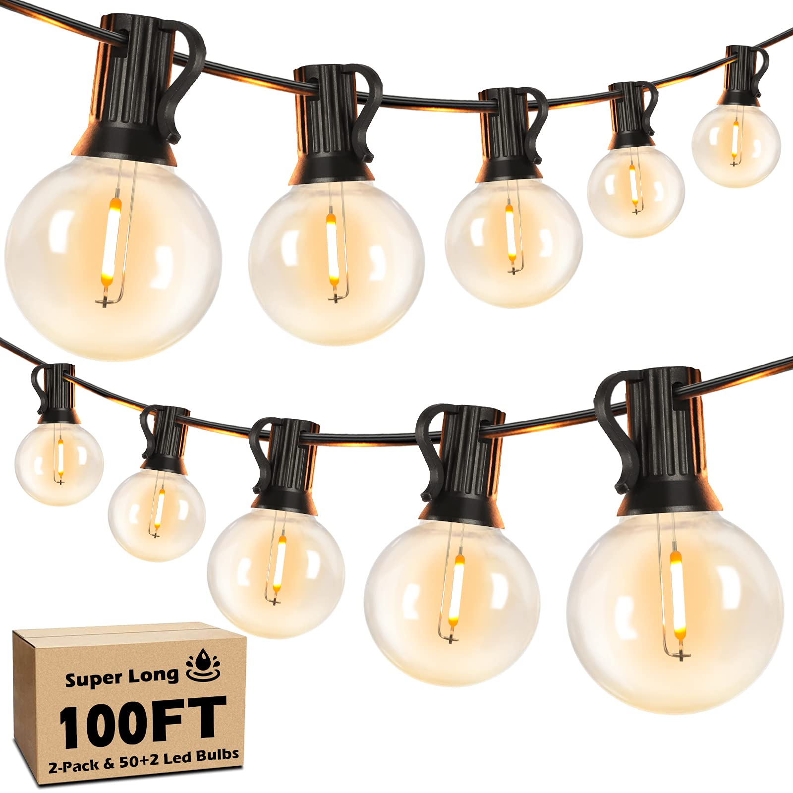 Brightever LED Outdoor String Lights, 100FT, 52 Shatterproof G40 Dimmable Bulbs, Waterproof, Black, 2-Pack 50FT
