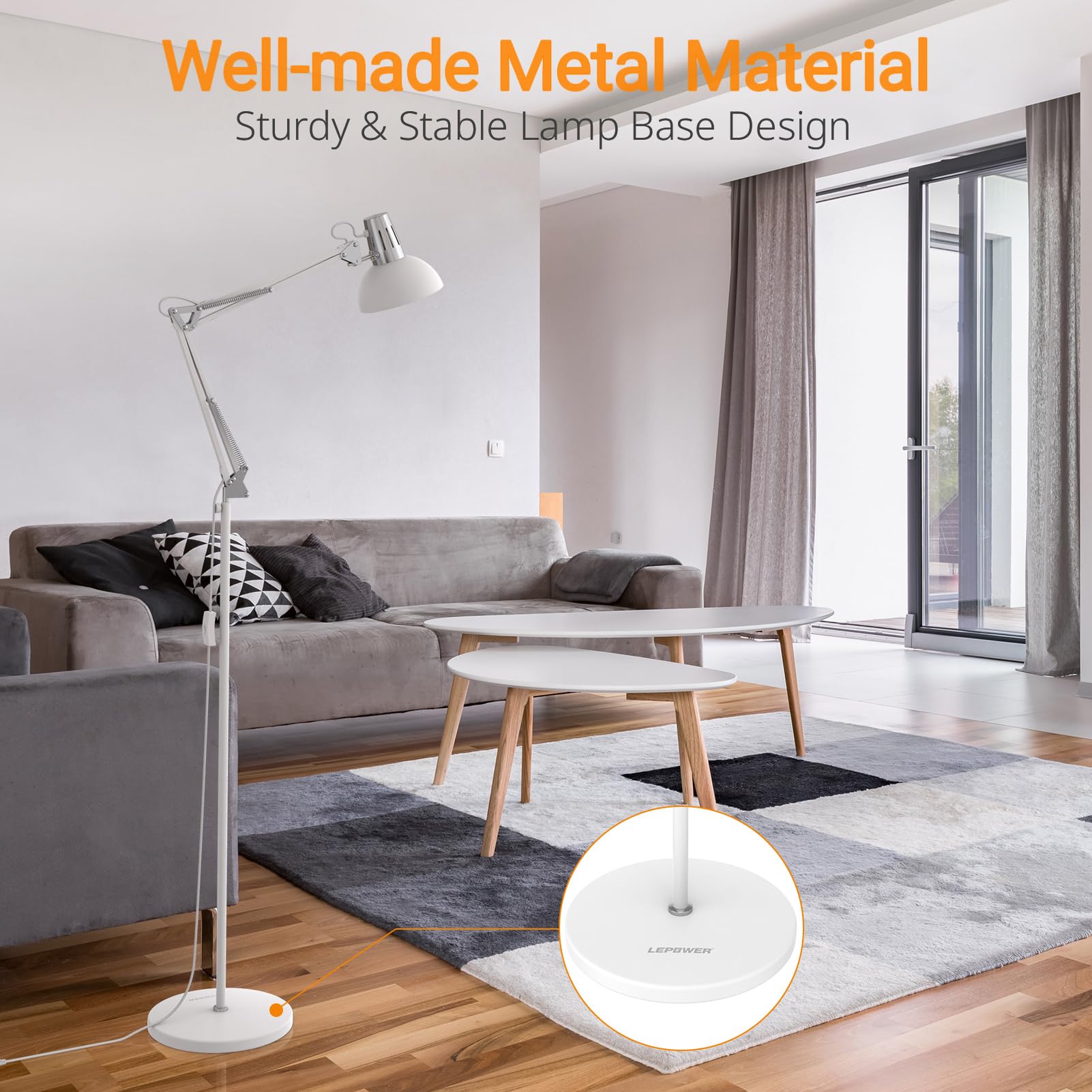 Lepower Floor Lamp, Swing Arm Floor Standing Lamp, Industrial Floor Lamp With Heavy Metal Base, E26 Lamp Base Floor Light, Moder