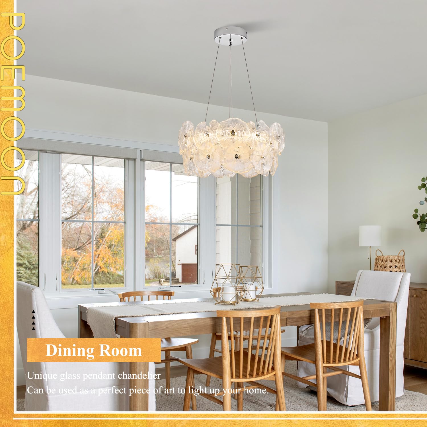 Poemoon Modern Chrome Glass LED Chandelier, 20in Lotus Leaf, Dimmable with Remote, Model 56-500C, 3000K-6500K Lighting