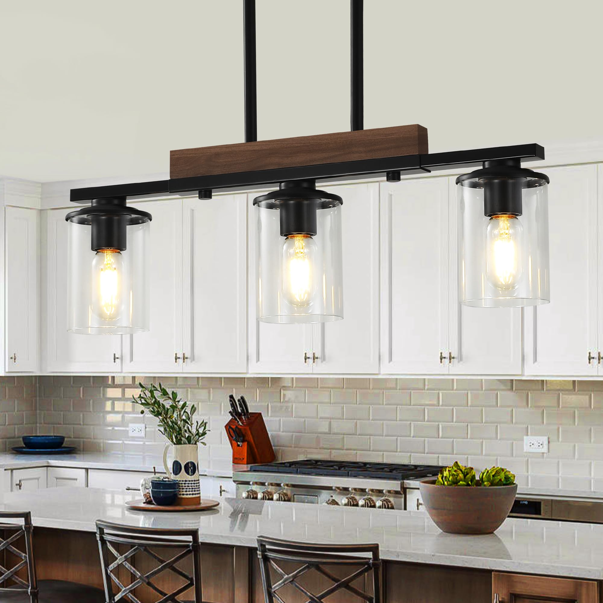 23.6 Kitchen Island Light Fixtures, 3-Light Dining Room Light Fixture Chandelier Over Table, Black Modern Rustic Wood Ceiling 