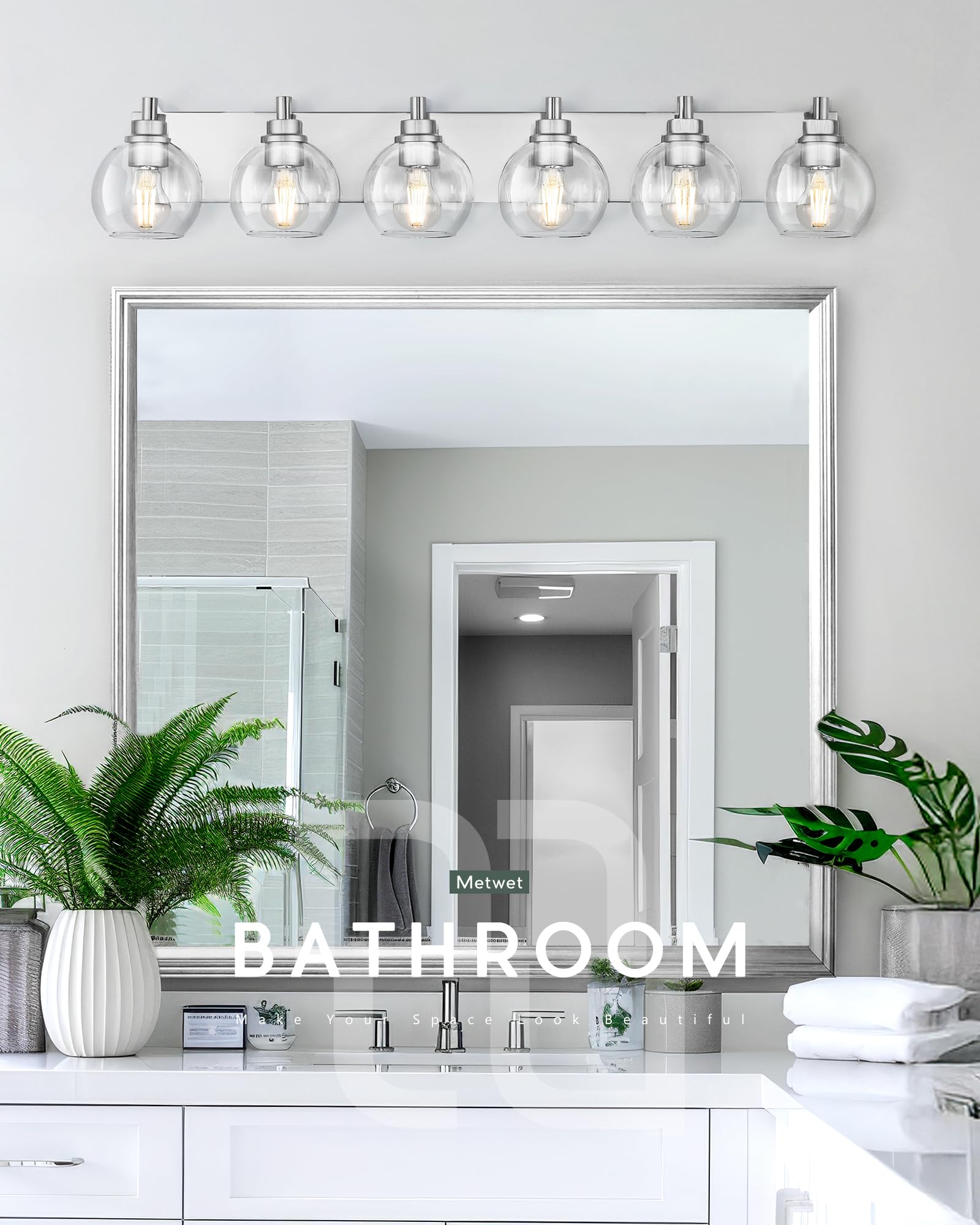 Metwet Bathroom Light Fixtures, 6 Light Brushed Nickel Vanity Light, 38 Inch Modern Wall Sconces With Globe Clear Glass Shade, V