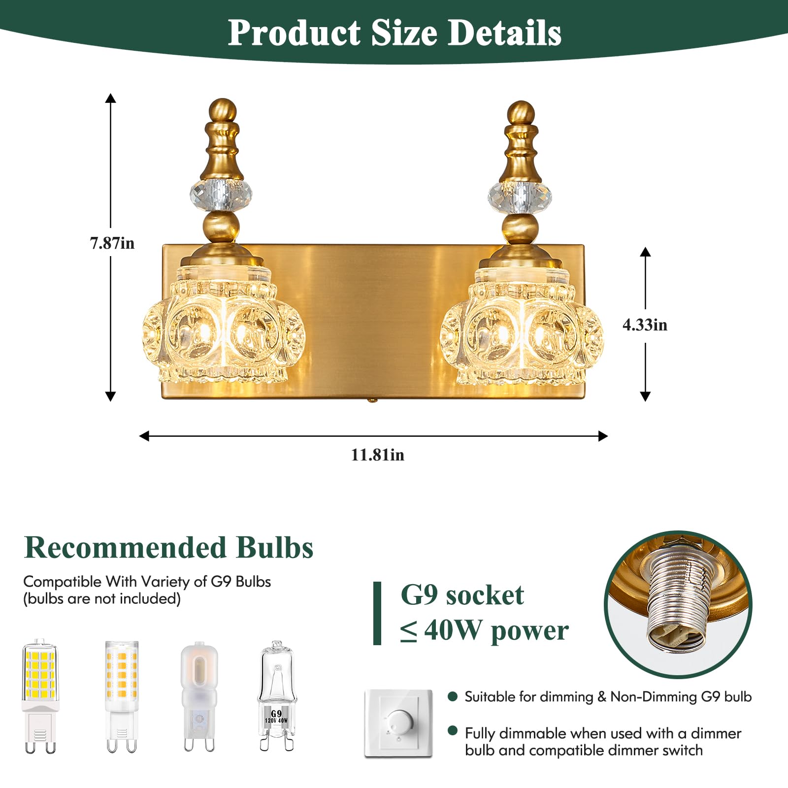Lbsqj Modern Glass Crystal Vanity Light - Vintage Bathroom Lighting Fixtures Over Mirror  2 Light Vanity Lights G9 Bulb (11.81 Inch  Gold)