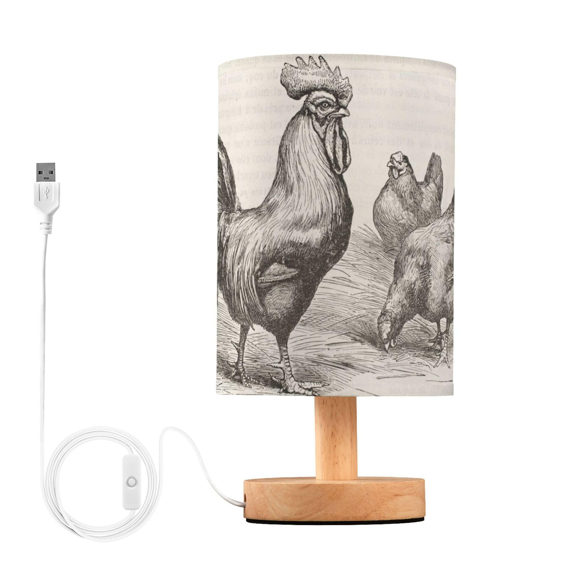YYZZH Table Lamp Retro Vintage Rooster Chicken Nightstand Lamp with Wood Base Fabric Lamp Shade Bedside Desk Lamp for Living Roo