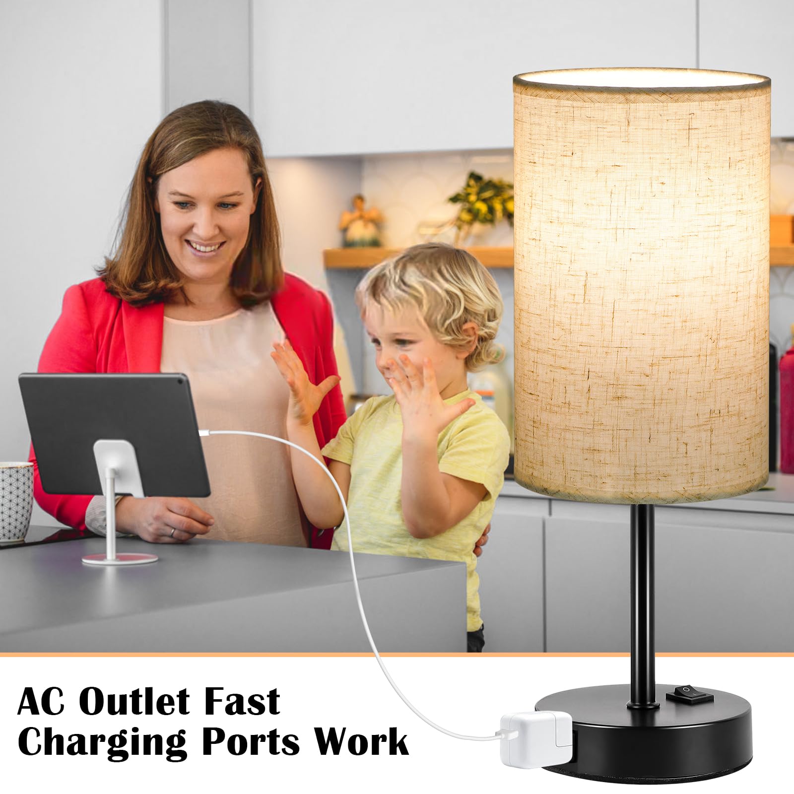 Zjojo 3-Way Dimmable Table Lamps Set Of 2 With Ac Outlet, Flaxen Shade & Black Base For