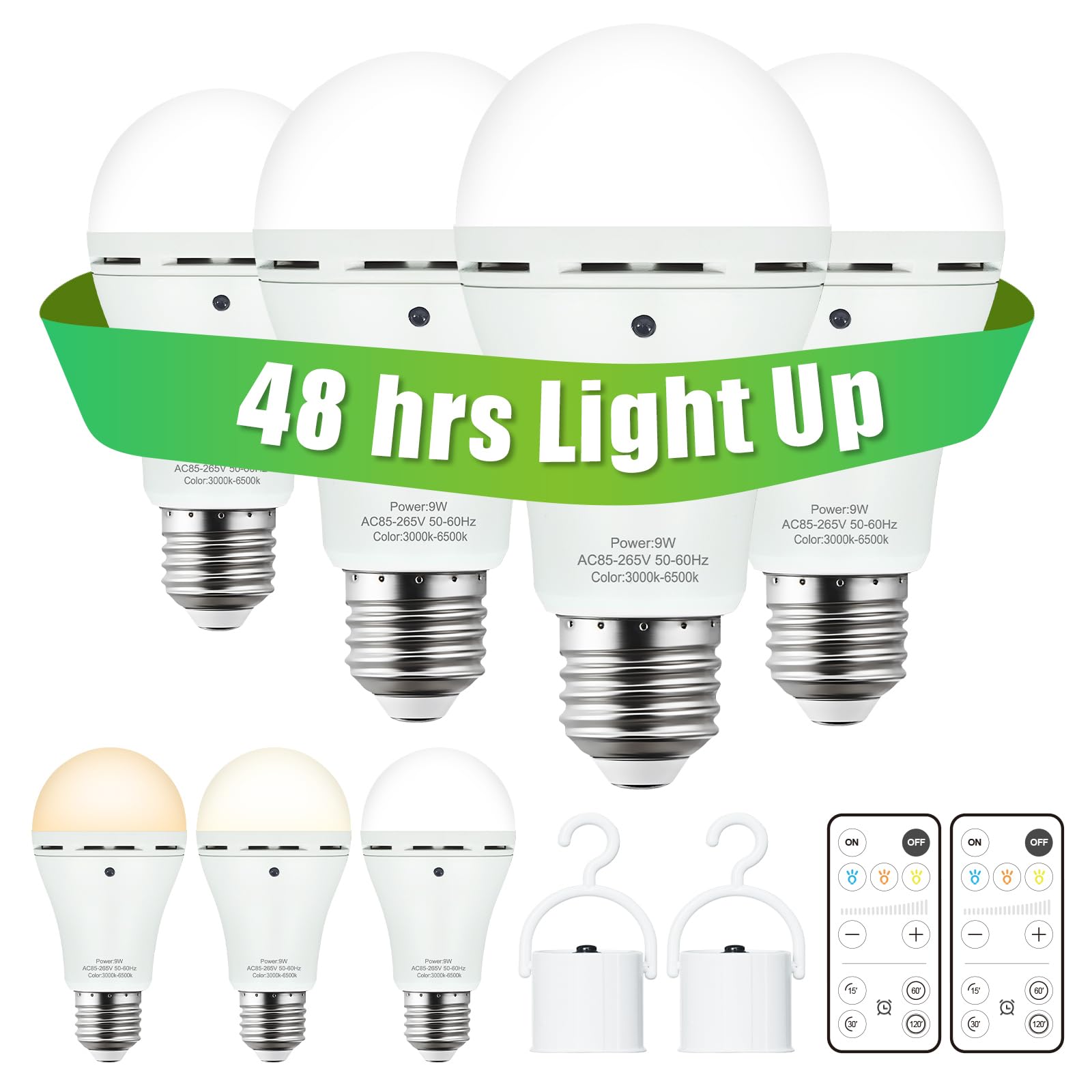 DEBAOBULB Omni Rechargeable Light Bulbs 4 Pack, 9W Dimmable LED, 3000k-6500k Color Shift, Emergency Battery Powered