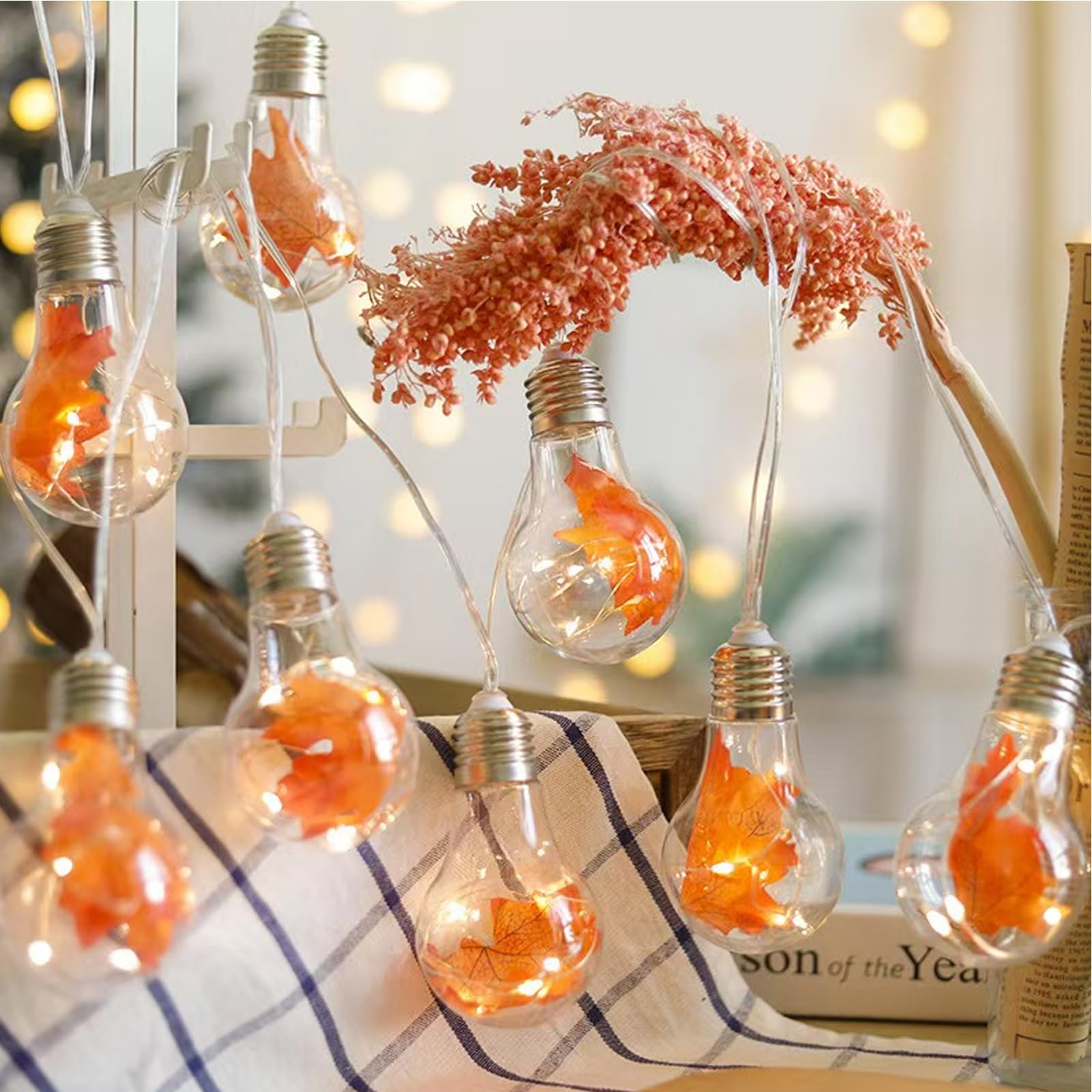 Neioaas Fairy Bulb String Lights with Maple Leaf Design- Maple Leaf Lights Battery Operated with Remote Timer, 10ft 10 LED Globe