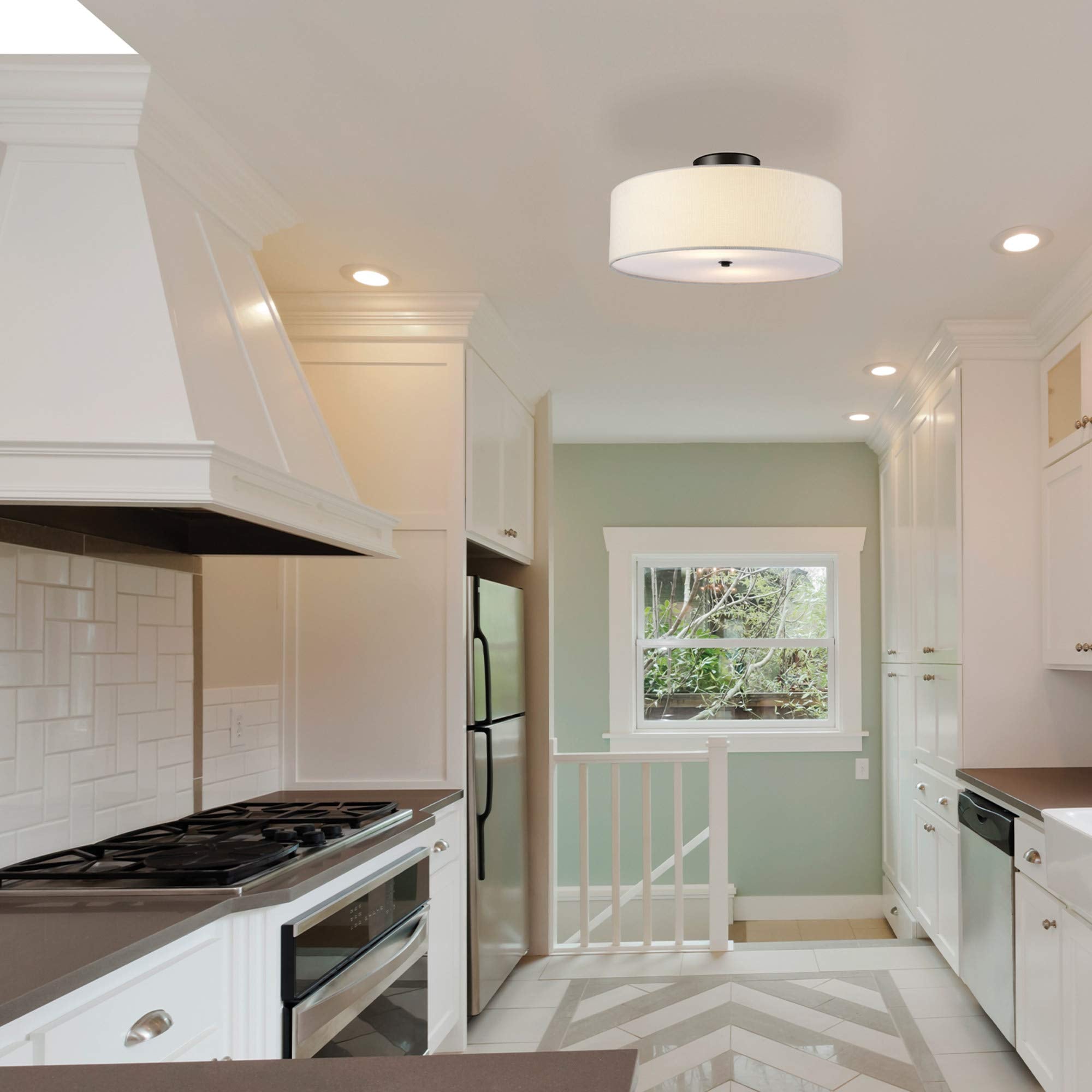 Globe Electric 60315 2-Light Flush Mount Ceiling Light, Dark Bronze, White Linen Shade, Kitchen, Lights, Bathroom, Home Essentia