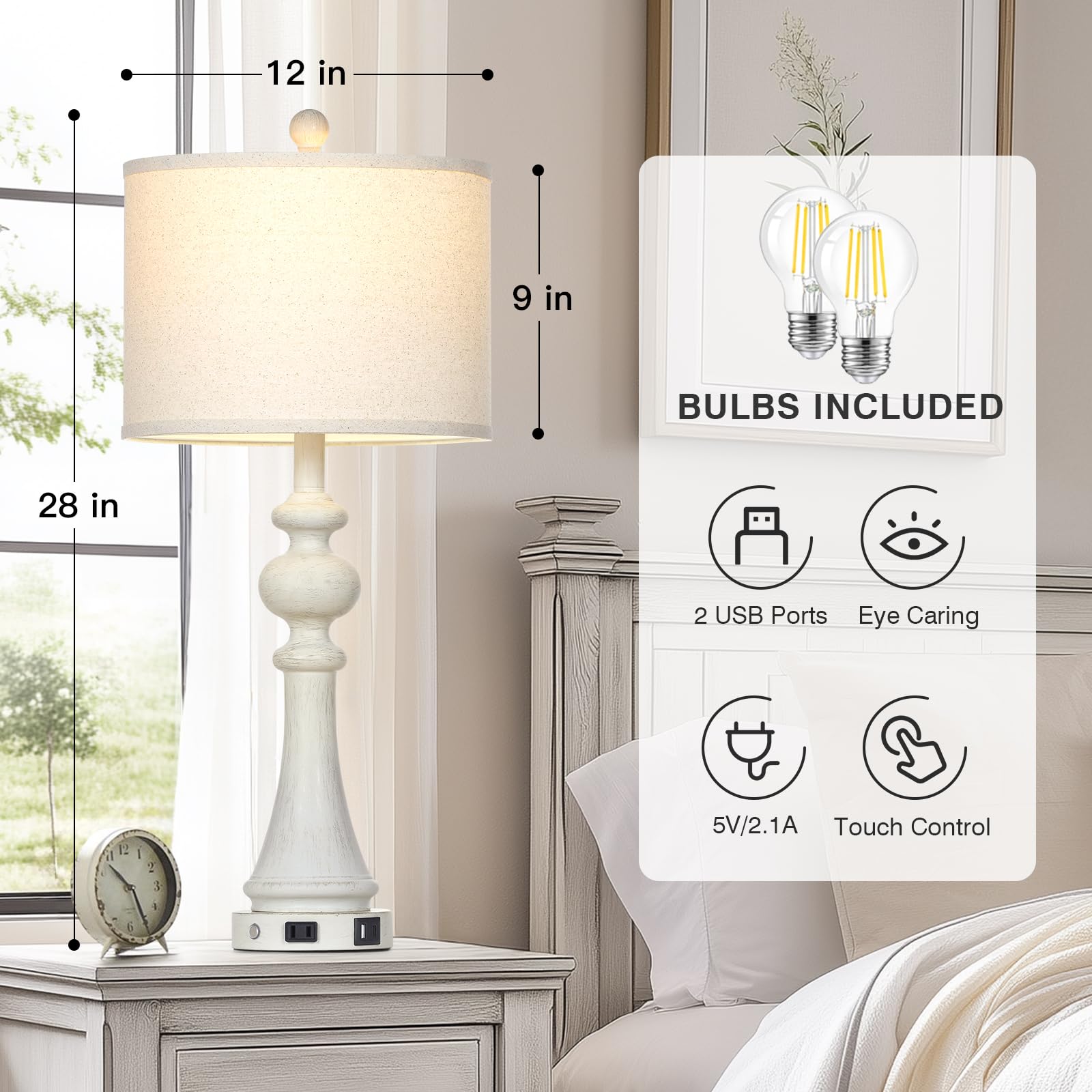 28'' Farmhouse Lamps Set Of 2, Vintage 3-Way Dimmable Touch Control Table Lamps With Usb A+C Fast Ports & Ac Outlets, Rustic Tra