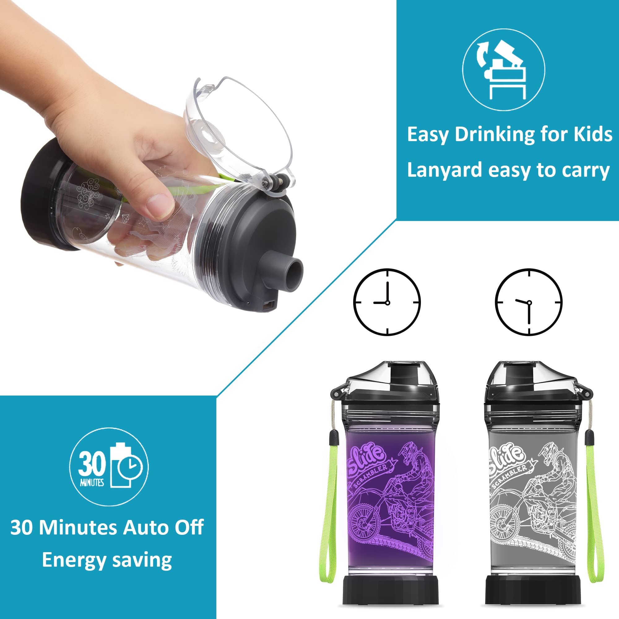 Attivolife Motorcycle Kids Water Bottle - Light Up 3D LED, 14 oz BPA Free, Creative Travel Cup, Model KF-PZ017
