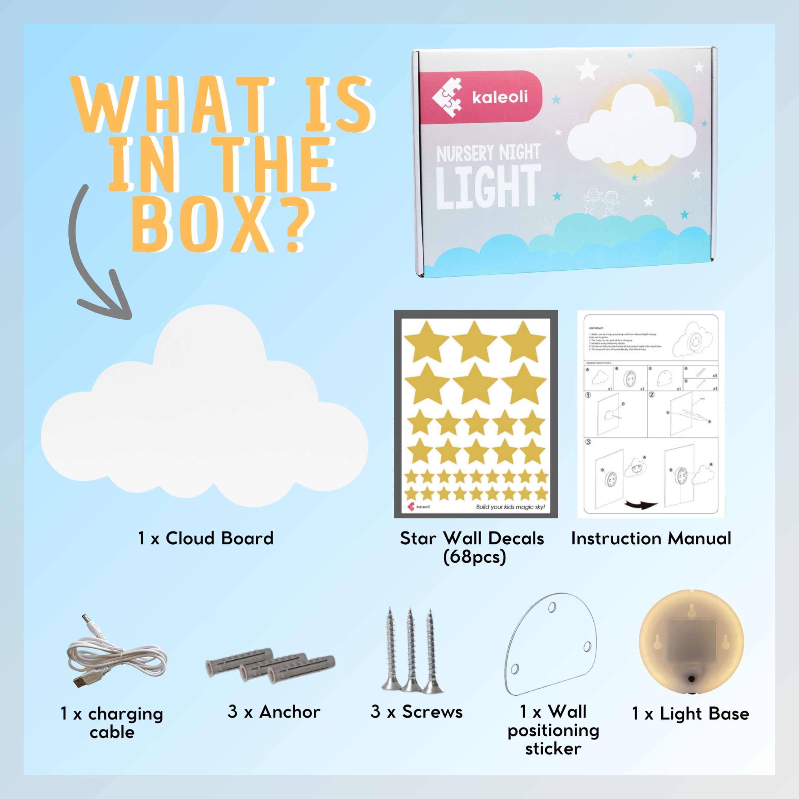 Kaleoli Nursery Cloud Light (Pack Of 1) - 68 Star Wall Decals - Rechargeable (No Cord) - Baby Room Decor - Cloud Lights For Bedroom - Floating Cloud Lamp For Bedroom - Adjustable Dimmer - Timer