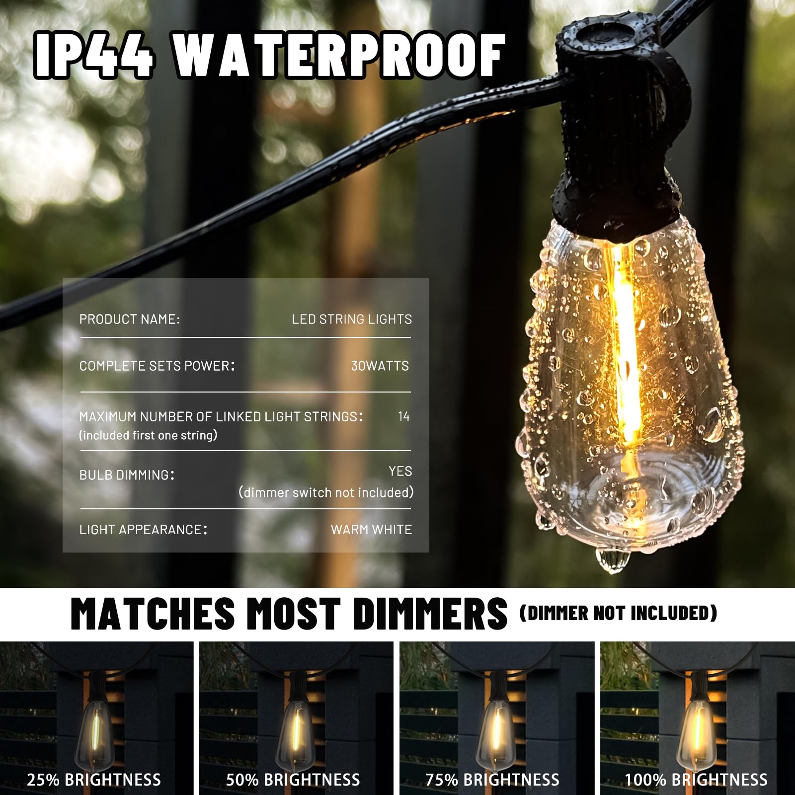 Oviviam 100+10Ft Led Outdoor String Lights, Patio Deck Lights With 50+4 Shatterproof St38 Edison Bulbs, Dimmable Warm White Wate