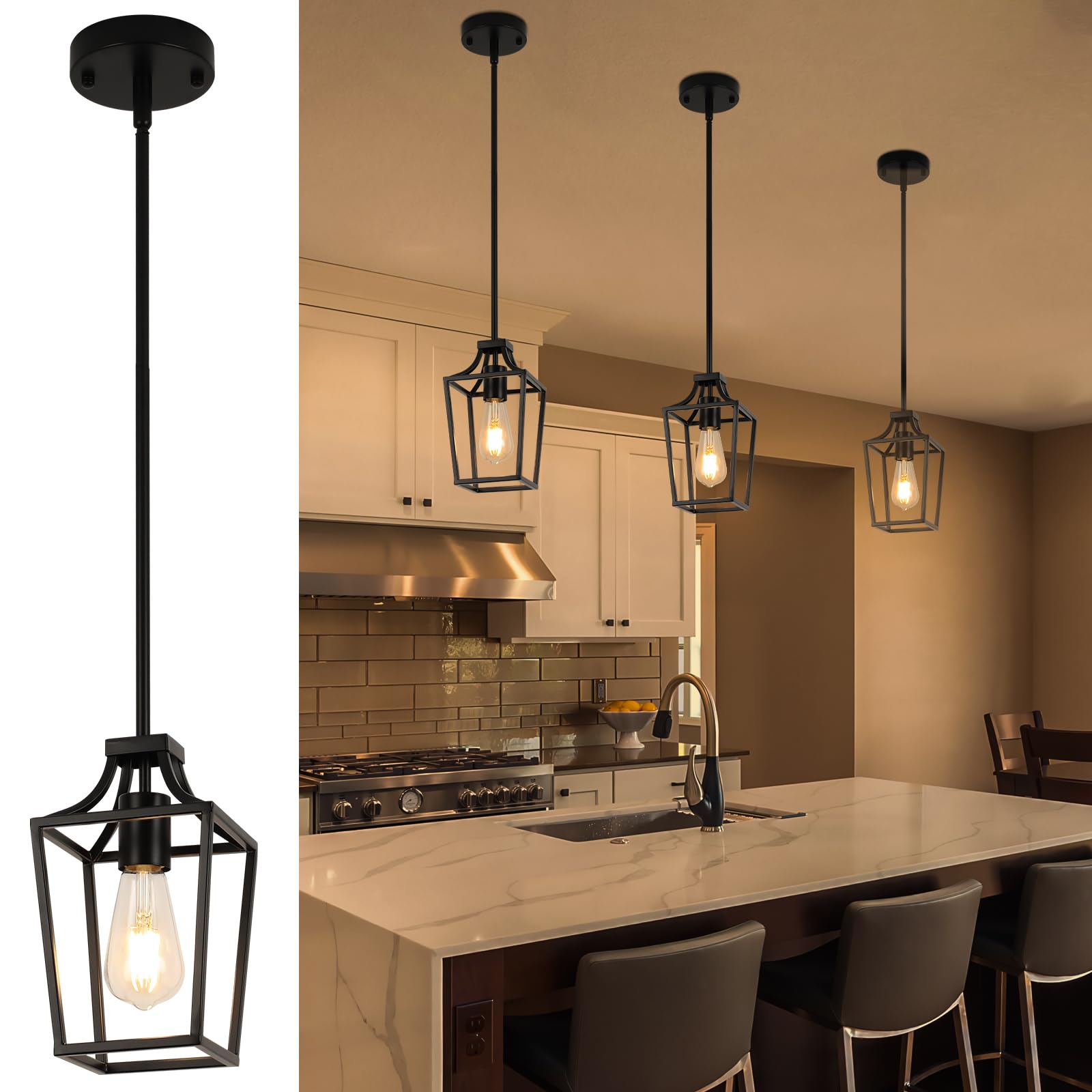 foucasal Black Lantern Pendant Light Mini Pendant Lights for Kitchen Island Pendant Light Fixture, Adjustable Rods Farmhouse Pen