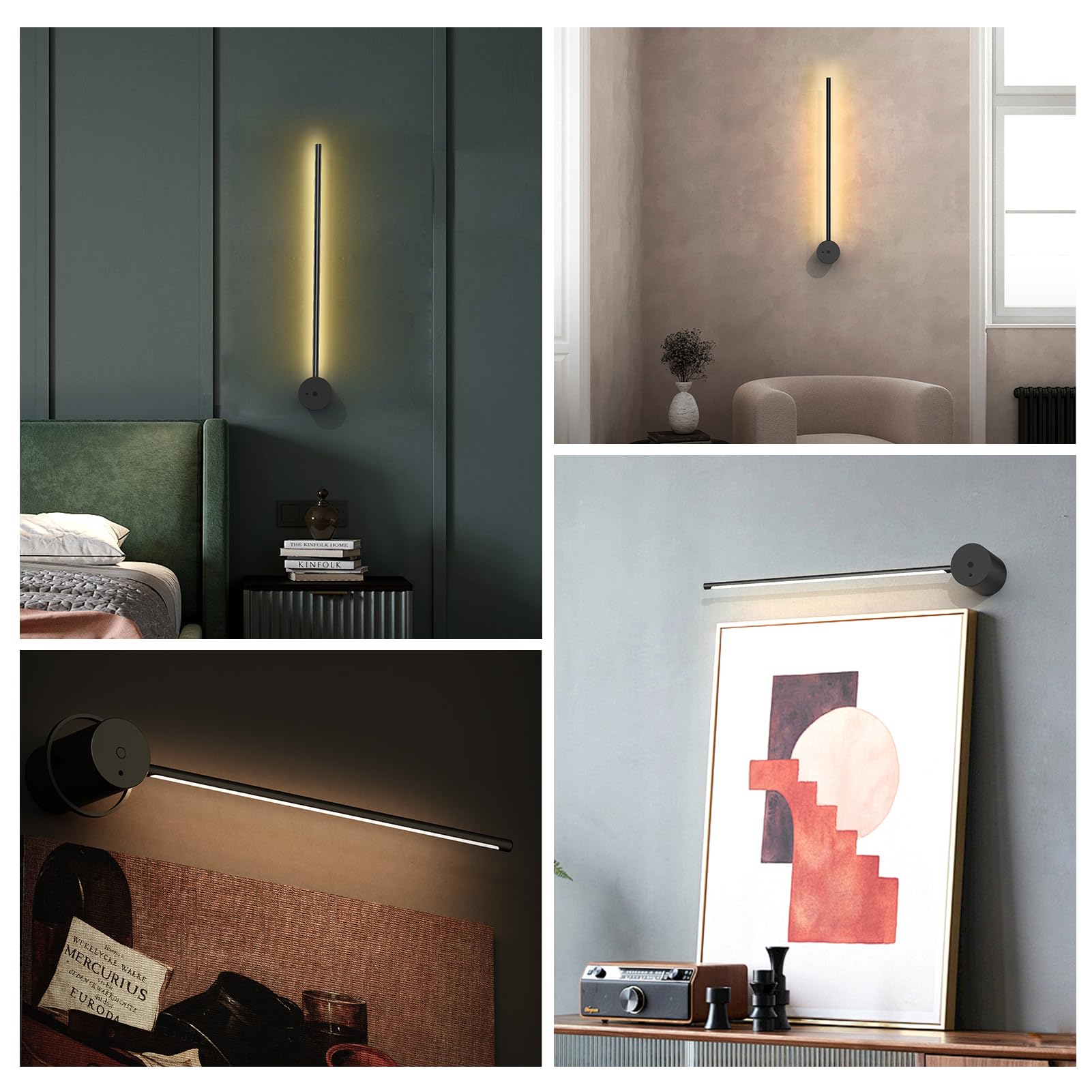 Swatia Wireless Wall Sconces Set Of Two, 23.6'' Rechargeable Art Display Light, 3 Color Temperature Dimmable With 350? Rotation