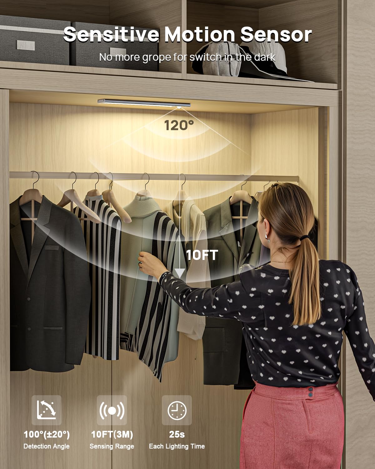 Under Cabinet Lighting With Remote Control,2500Mah Usb Rechargeable Motion Sensor Light Indoor,350 Lumen Led Closet Light,3 Colo