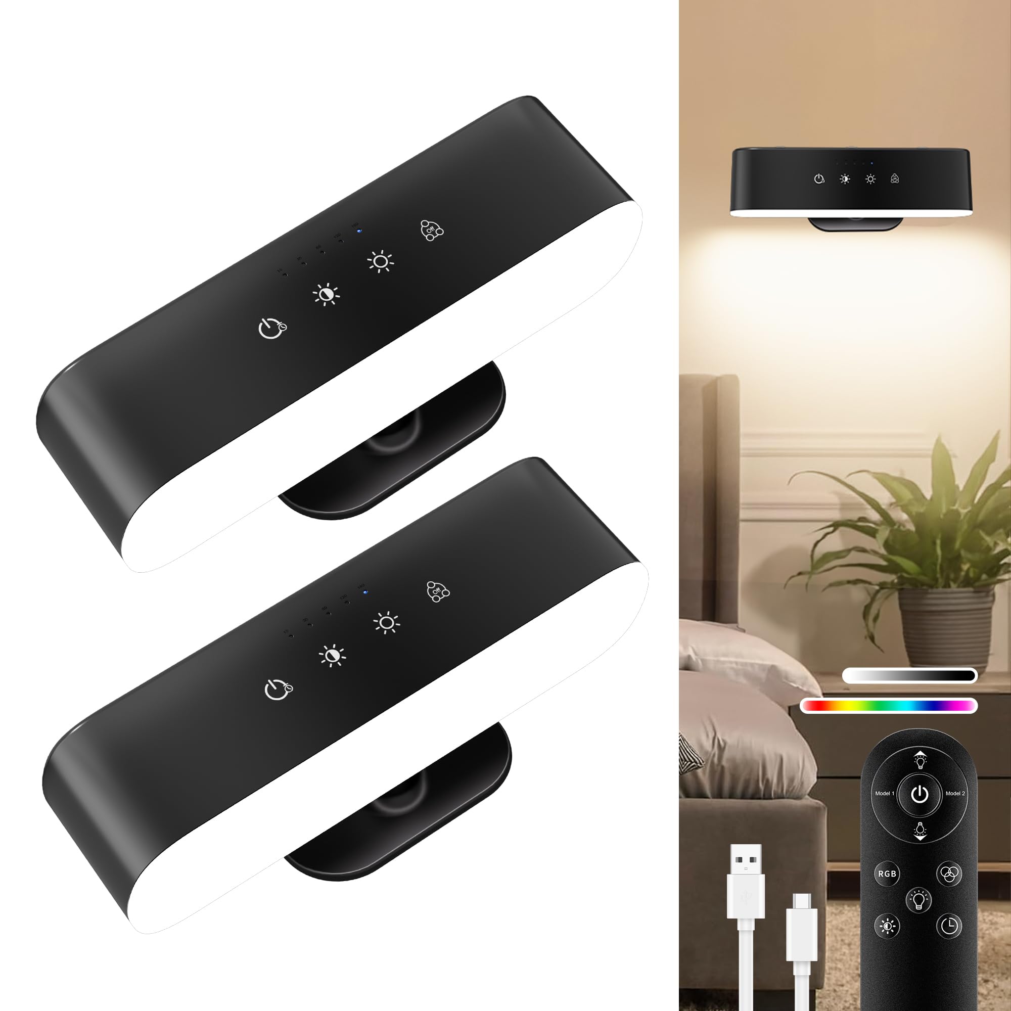 comzler Wall Sconces Set of 2, Rechargeable RGB Light, Touch Remote Control, Battery Operated, Black, Model LIGHT001
