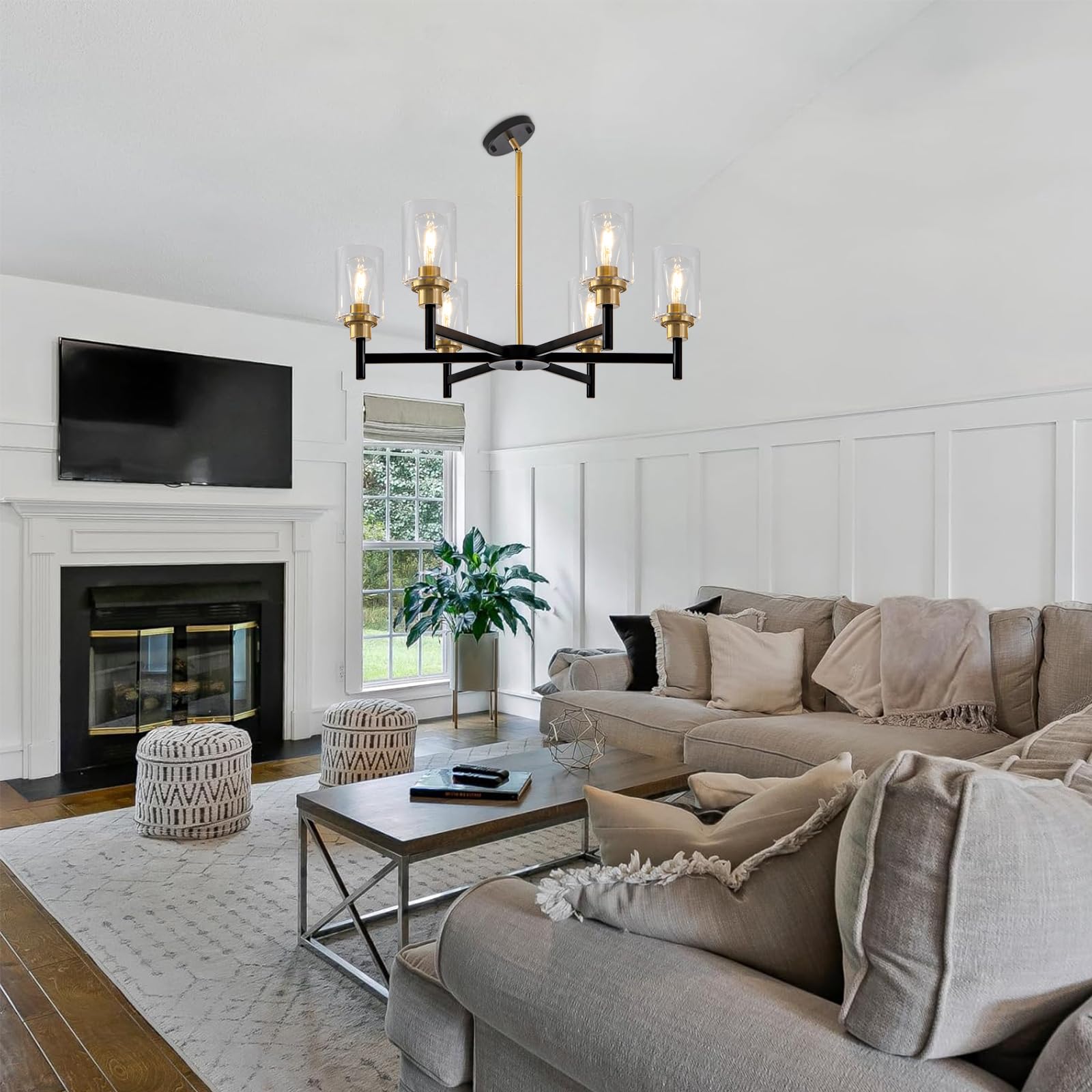 Hccz 6 Light Dining Room Light Fixture Black & Brushed Brass Gold Farmhouse Chandelier Over Table Modern Hanging Pendant Lightin