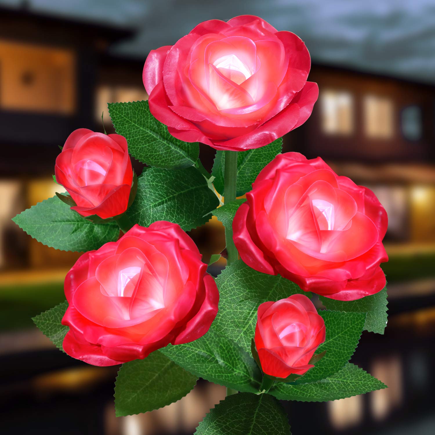 YWYWLED Solar Flower Lights Outdoor - Upgraded New Material Two Modes Realistic LED Solar Powered Waterproof Lights with 5 Roses  Solar Decorative Stake Lights for Garden (Red  1 Pack)