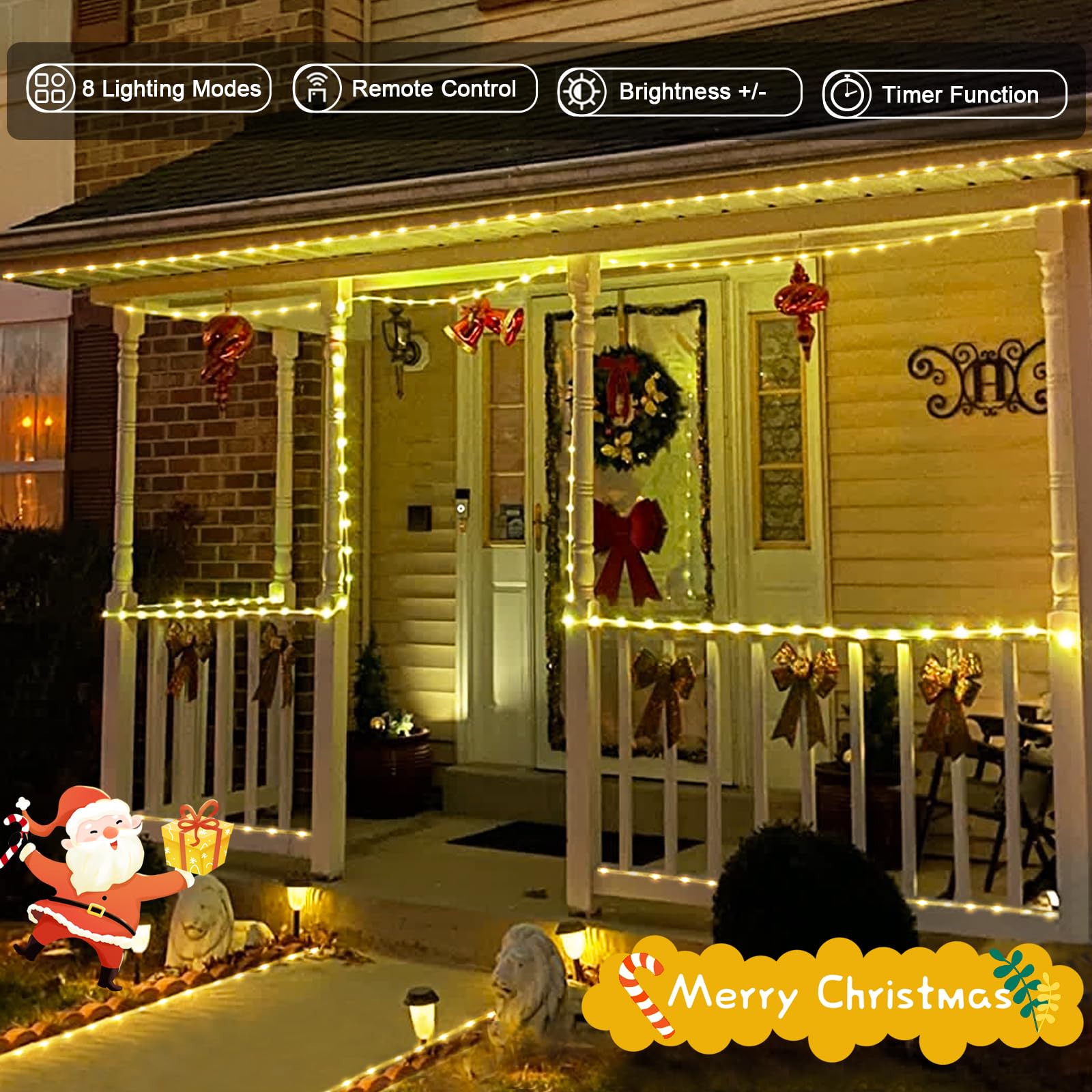 JMEXSUSS 100 LED Rope Lights, 33ft Battery Operated, Waterproof, 8 Modes, Warm White, Model Rope100B, 1 Pack