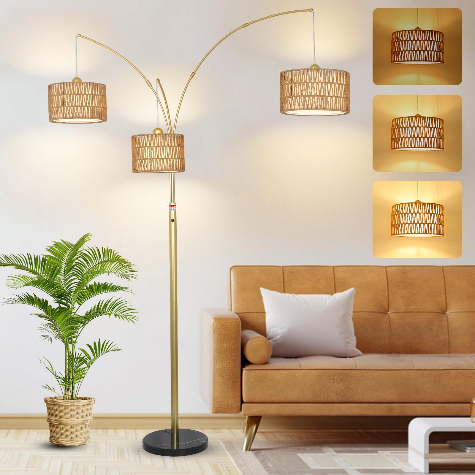 Modern Gold Floor Lamp For Bedroom, Arc Standing Lamp For Living Room, Dimmable Boho Rattan Tall Lamp, Farmhouse Floor Lamps For