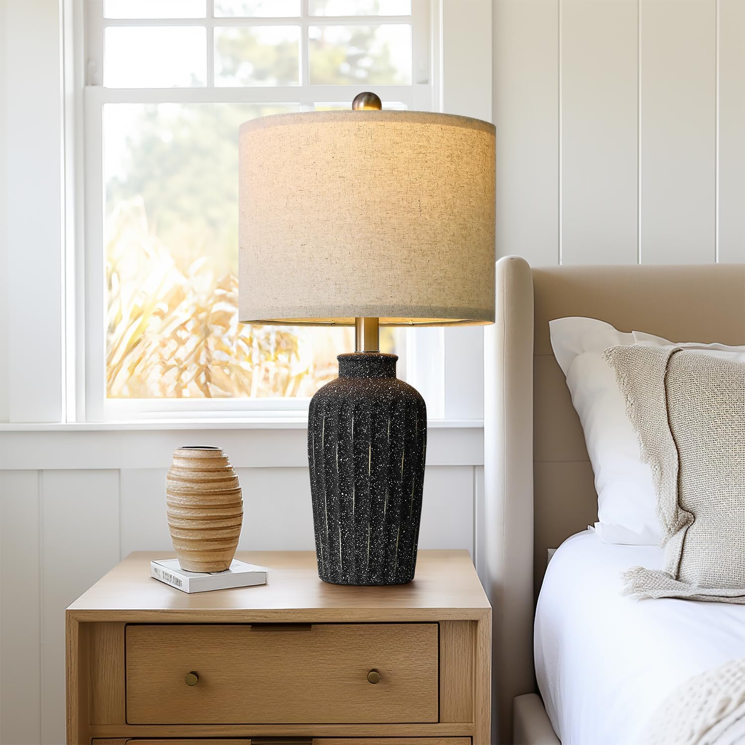 Portres 20'' Modern Ceramic Table Lamp For Bedroom, Vintage Bedside Lamps For Night Stands,Small Lamp For Living Room Office Dor