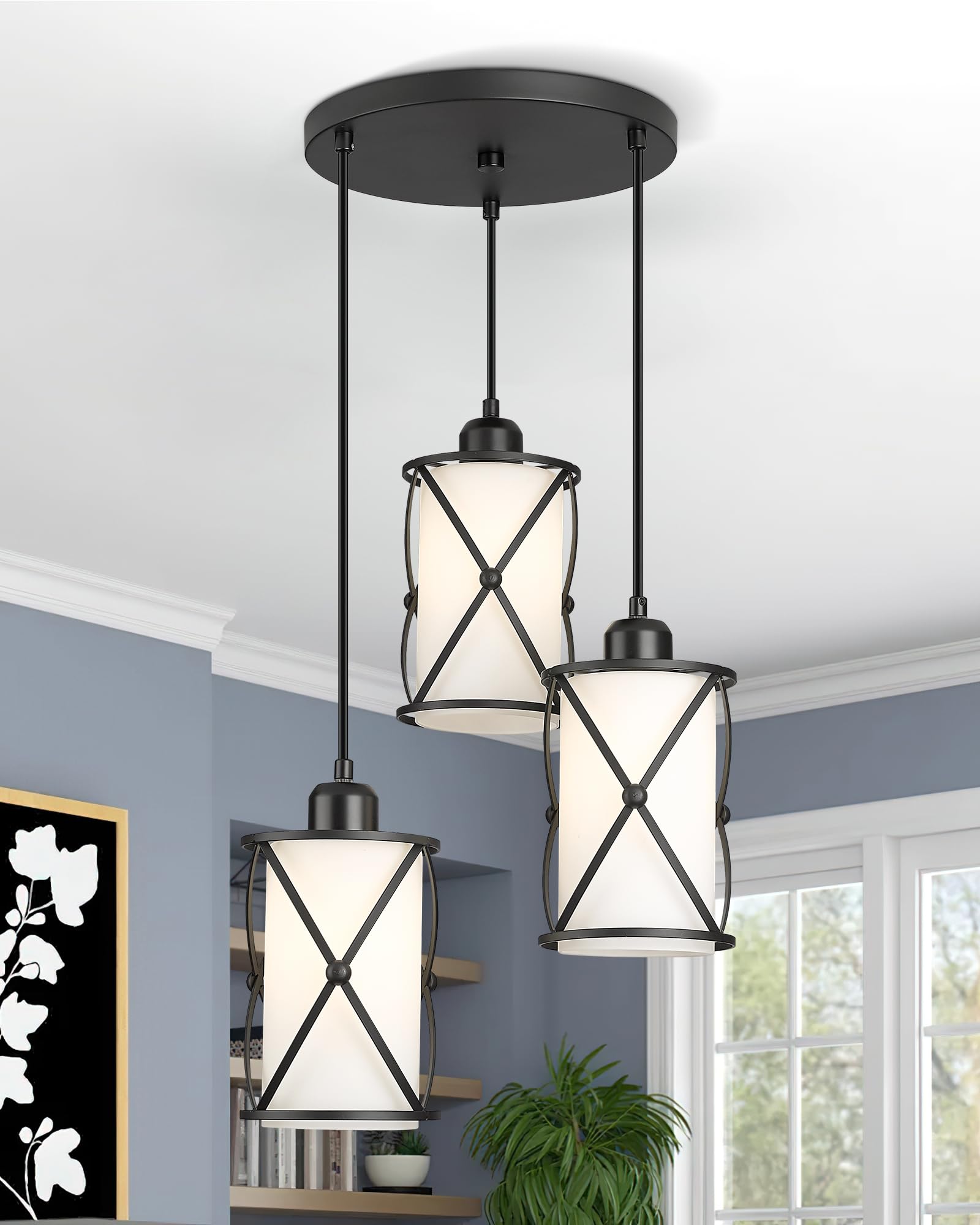 Osimir 3-Light Black Chandelier With Frosted Glass For Dining Room & Kitchen Island