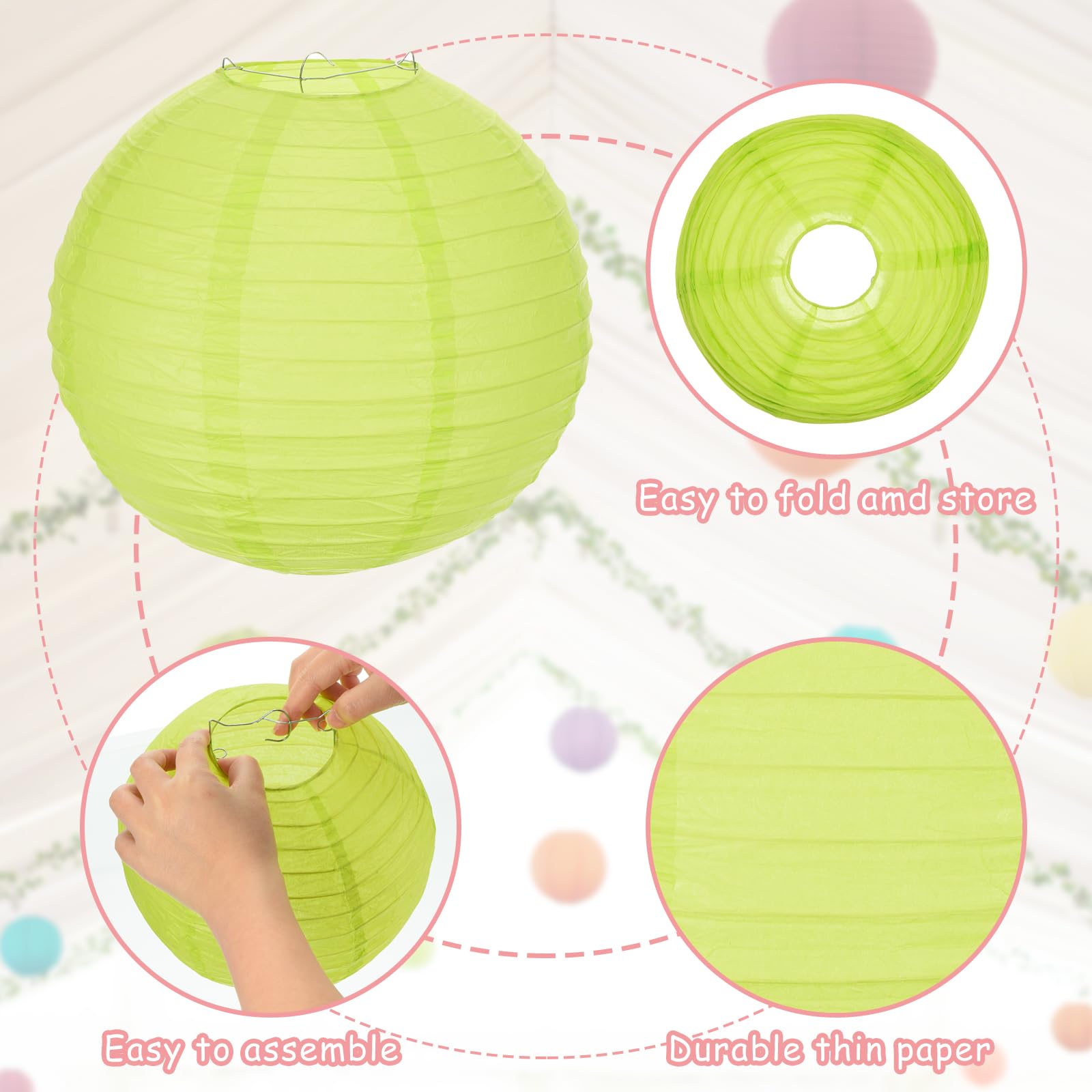 Meccanixity 6Pcs Paper Lanterns Decorative, 6'' 8'' 12'' Light Green Round Hanging Lantern Chinese Lanterns For Home Decor, Birt