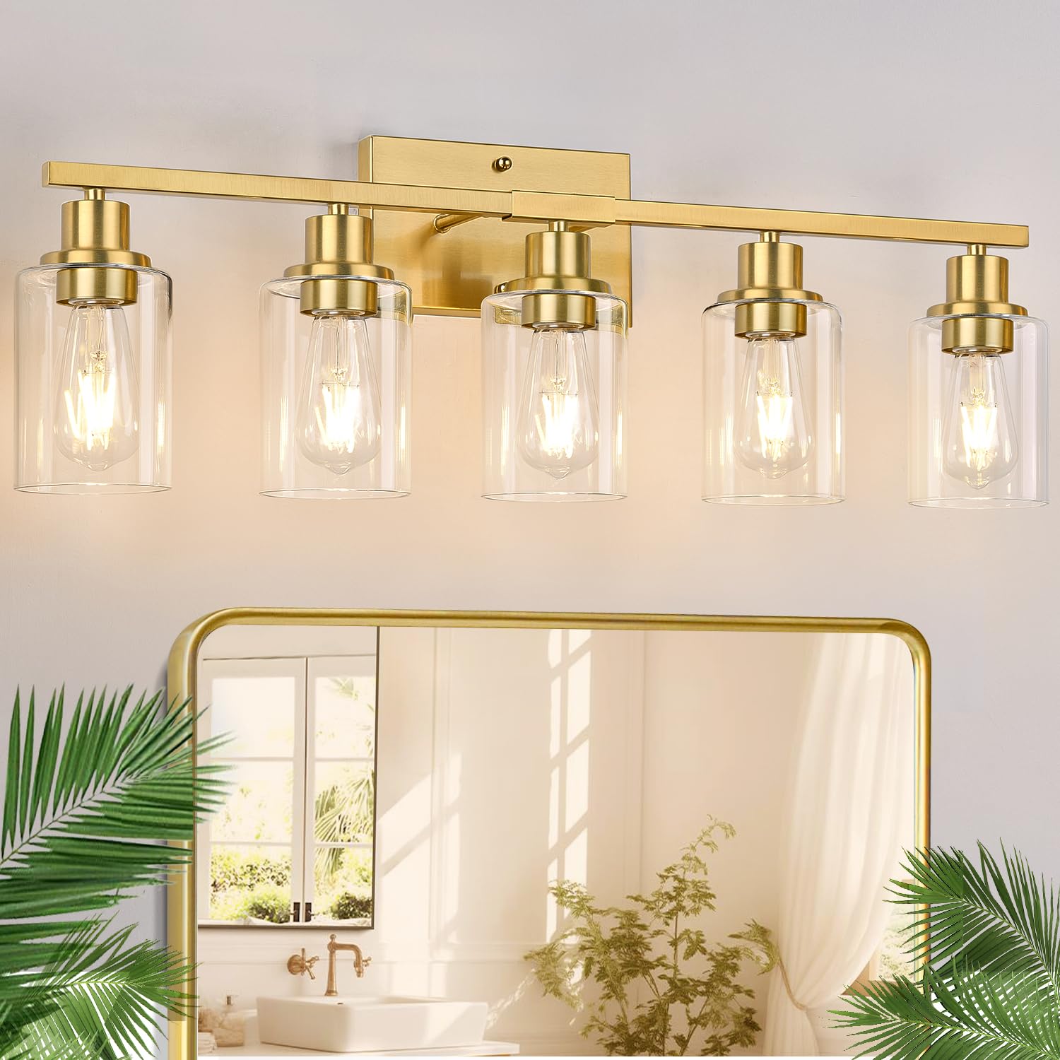Indoi 5-Light Bathroom Vanity Light, Clear Glass Shades, Brushed Gold Finish, Model LTW070